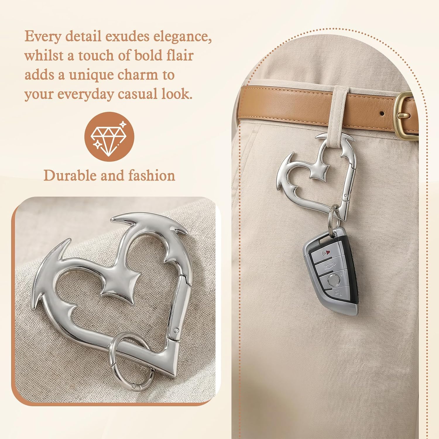 1 Pcs Silver Gothic Heart Carabiner Keychain Y2K Aesthetic Fashion Key Ring Clip Cute Cool Backpack Pendant Decorative Accessory for Keys Bags Cars Daily Use for Men Women