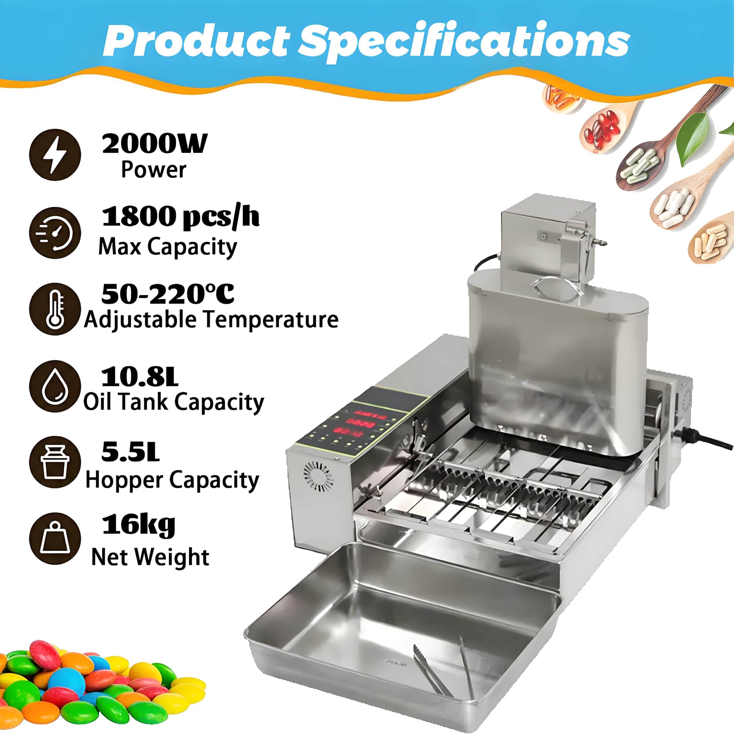 Máquina automática de donas, freidora Digital de donas, máquina para Hacer donas, freír Mini donas, Espesor Ajustable, Acero Inoxidable, tolva de 5,5 l, 1800 Unidades/h