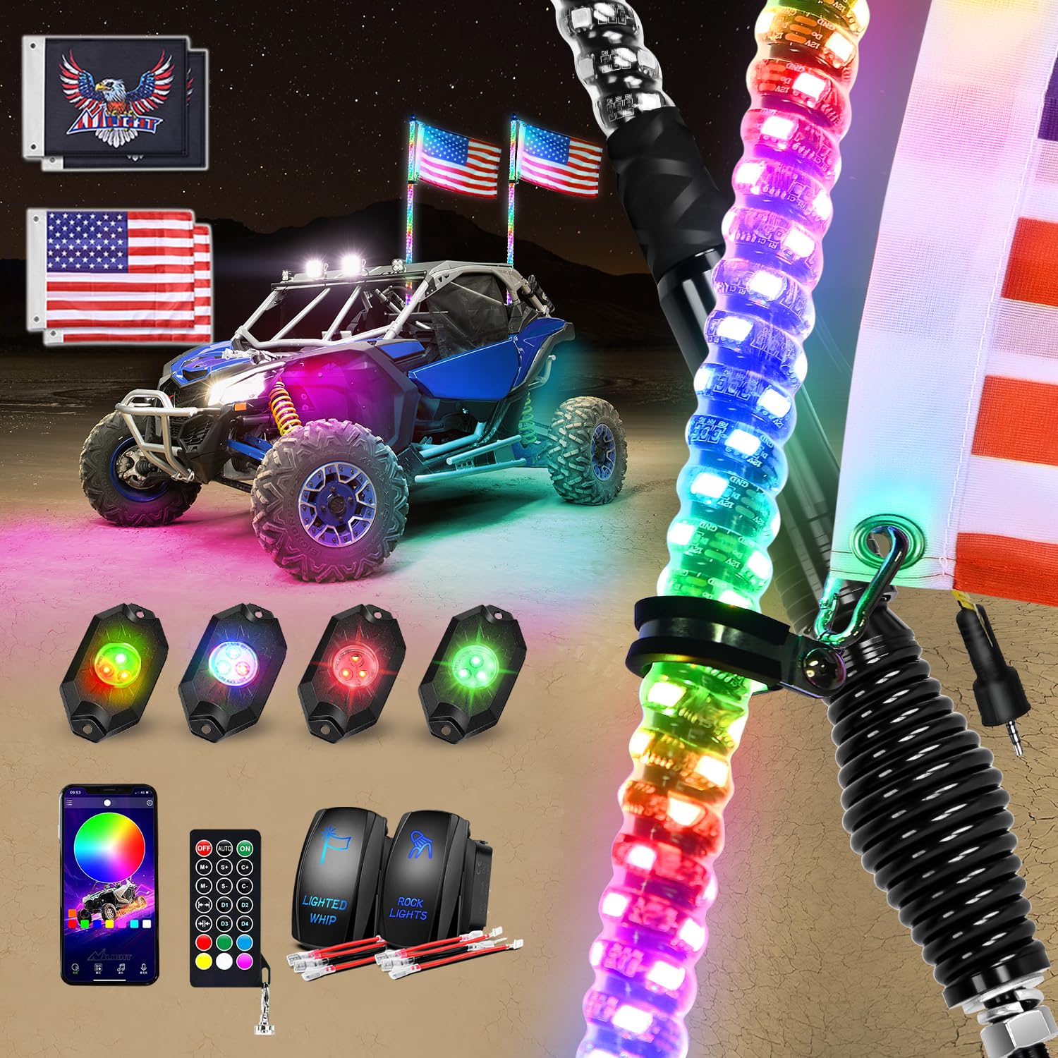 Nilight RGB LED Whip Light 2PCS 3FT with 4 Rock Lights Combo