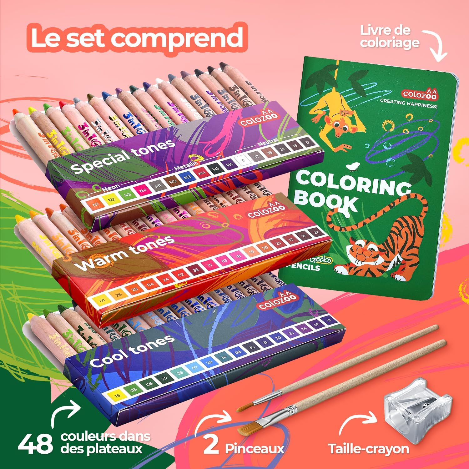 Gecko 3-in-1 Kids' Pencil Set | 48 Coloring Pencils with 2 Brushes, Sharpener, and Book for Ages 3 and Up | Ideal for Drawing, Pencil-Crayons, and Sets for Children