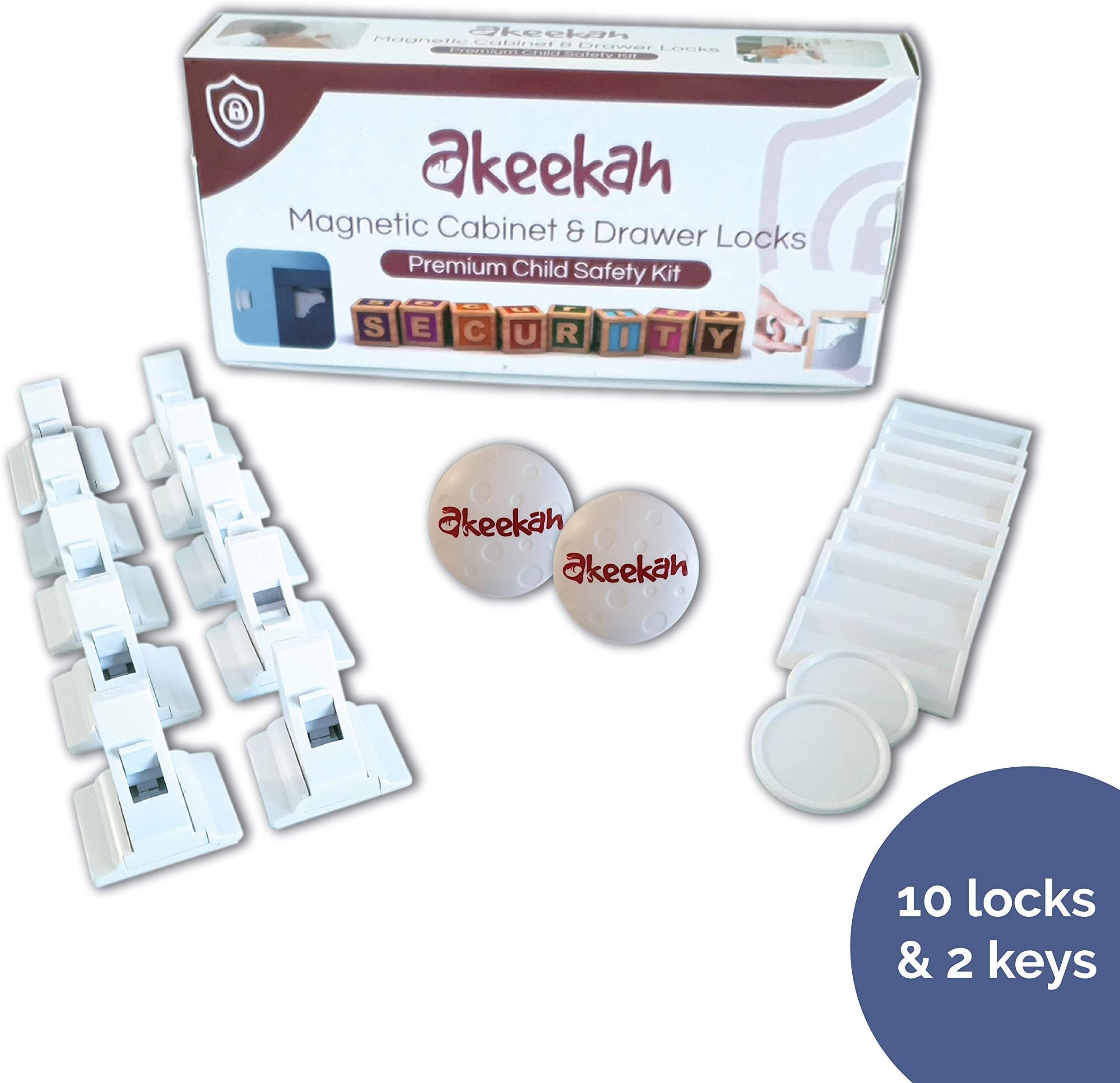Akeekah Child Safety Cupboard Locks | 10 Locks and 2 Keys - Invisible Premium Baby Proofing Kit | Magnetic Locks - Cabinet Lock and Drawer Lock | Easy Install with 3M - No Tools or Stress