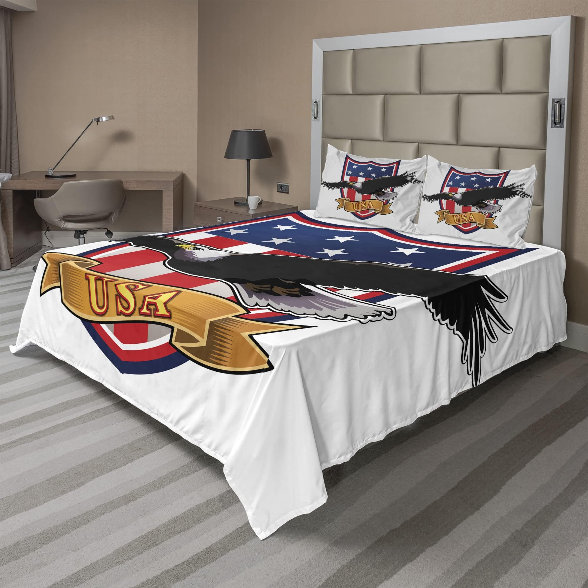 AmbesonneAmerican Sheet Set, Flying Eagle with USA Flag Armor Design Shape Liberty Wings in Sky Ilustration, Fitted and Flat Sheet with Pillowcases Bedding Accent 4 Piece Set, King, Red Blue Black