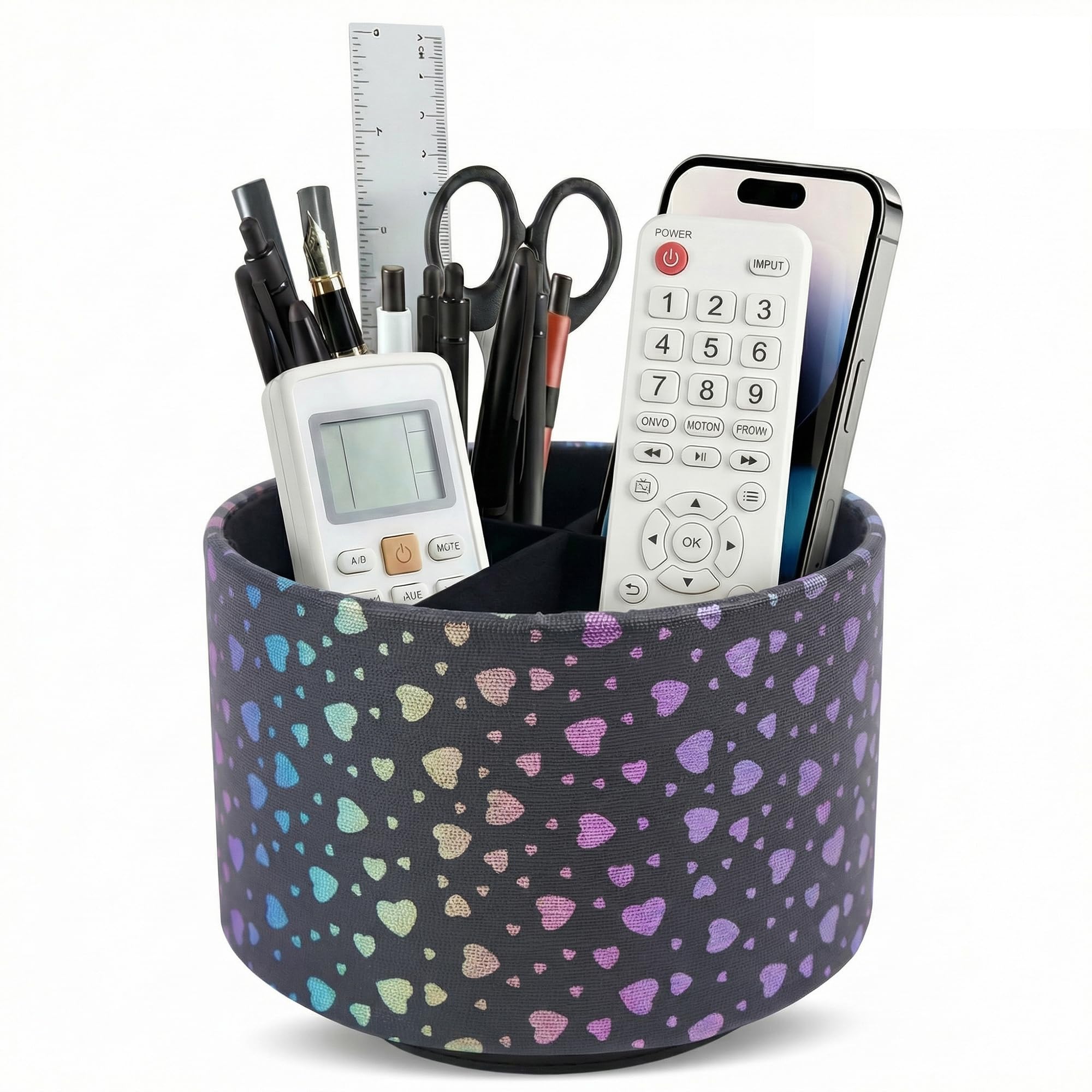 Mtzmy Round Leather Art Supply Organizer,Remote Control Holder,360 Degree Spinning,Multi-Functional Pencil Holder,4 Compartments Desktop Stationary Organizer(1-Heart Black) — image 1