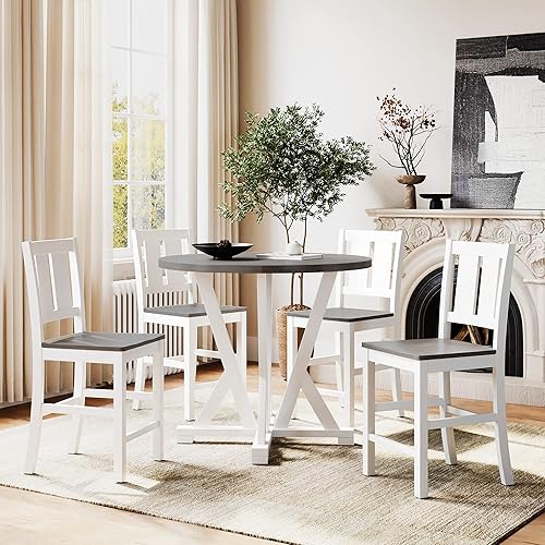 Merax Rustic Farmhouse 5-Piece Wood Counter Height Dining Round Table Set with 4 Chairs, Thick Tabletop, Grey & White