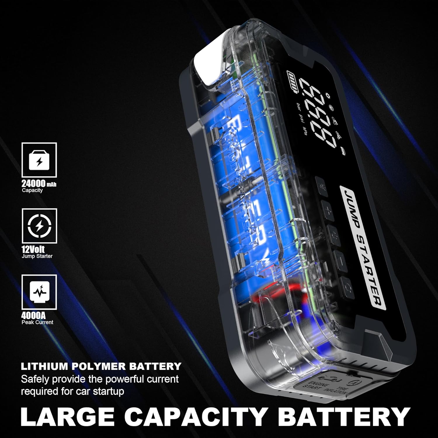 10-in-1 Car Jump Starter 3500A with Air Compressor 150PSI, Portable Battery Booster Pack for 10L Gas/10L Diesel, 24000mAh Power Bank, Emergency Jump Box with LED Lights - Image 8