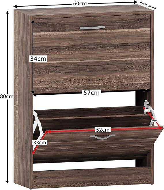 Vida Designs Shoe Cabinet, Wooden Shoe Storage Unit with 2 Pull-Down Drawers, Multifunctional Dust-Proof Space-Saving Slim Cupboard for Hallway or Entryway (Walnut)