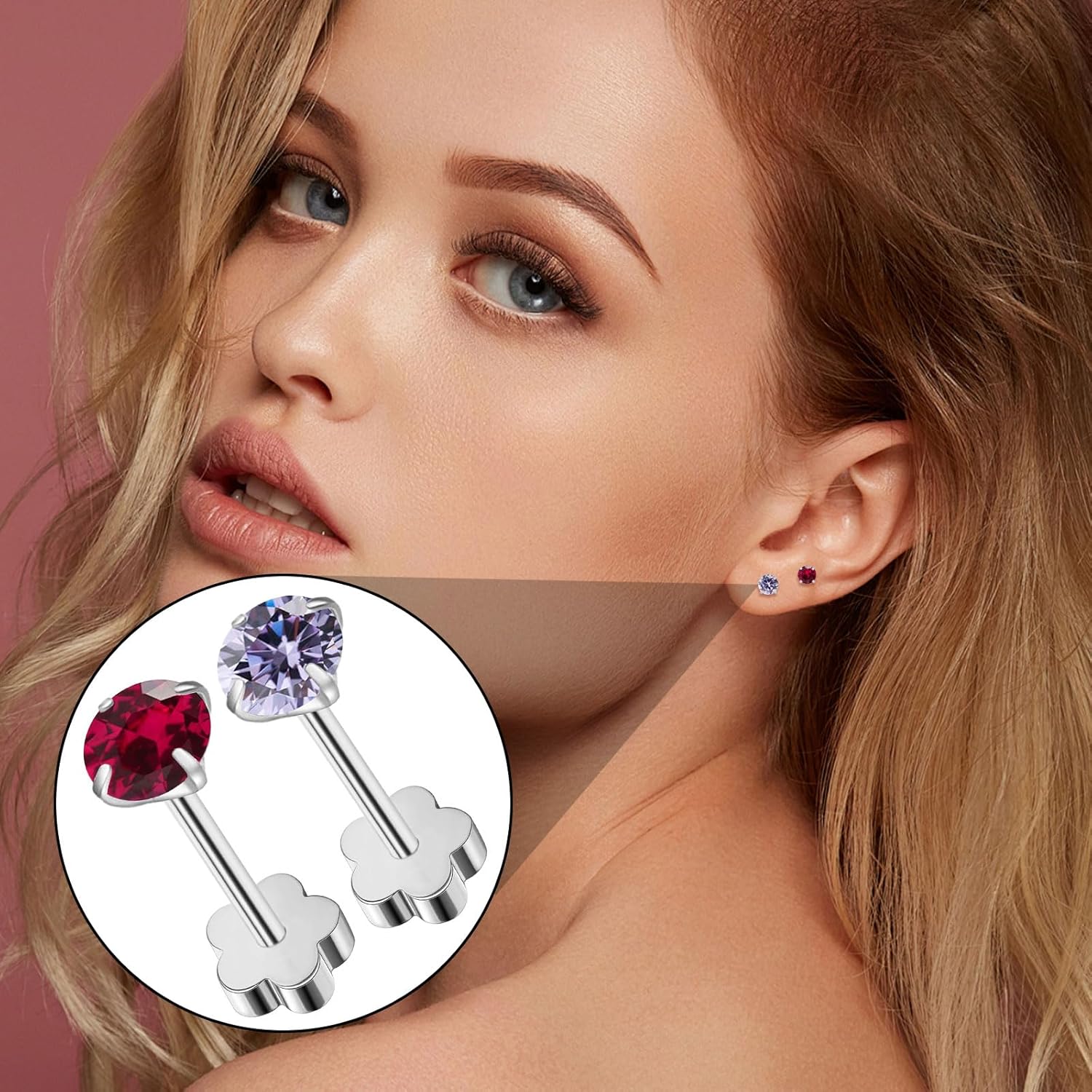 Flower Screw Back Birthstone Stud Earrings for Women Girls, 3mm G23 Tiny CZ Flat Back Stud Earrings, Screw Back Helix Earrings - Image 6