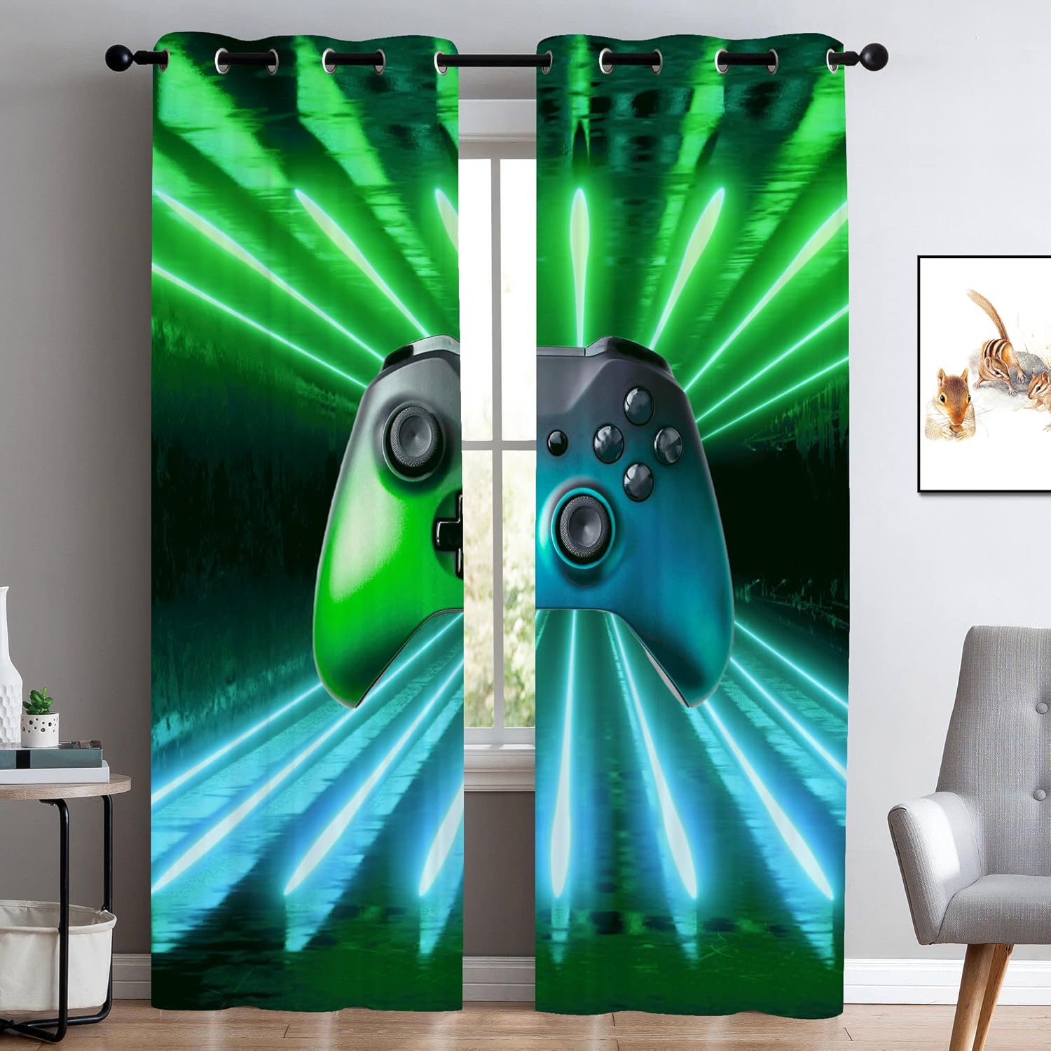 Green Blue Gamepad Window Curtains, Game Player Window Drapes Modern Gamer Gaming Window Treatments - Thermal Insulated Teens Boys Gaming Curtain for Bedroom, 2 Window Curtain Panels