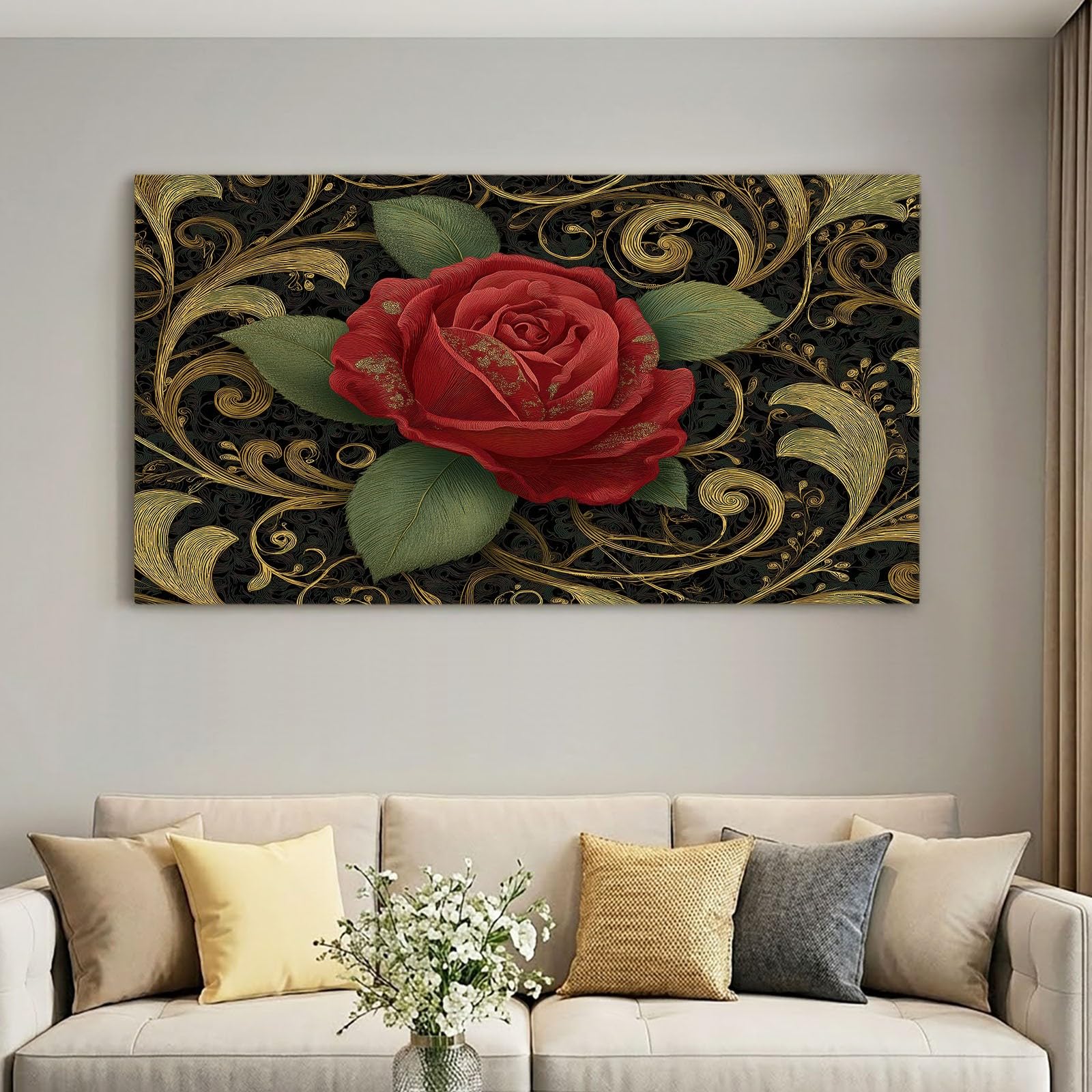 Quadro su tela, 120 x 80 cm, stampa floreale di lusso, stampa artistica su tela, decorazione per camera da letto, regalo, rosa rossa