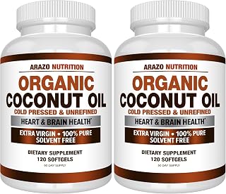 Arazo Nutrition Organic Coconut Oil 2000 MG - 100% Extra Virgin Unrefined Cold Pressed for Weight Support, Skin, Hair, Nails - 120 Softgel Capsules (Pack of 2)