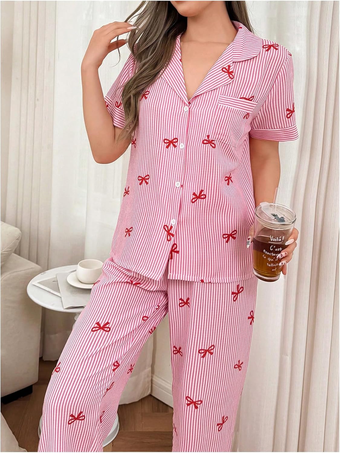 SHENHE Women's Bow Pajamas 2 Piece Short Sleeve Button Down Pjs Pants Set Striped Loungewear - Image 2