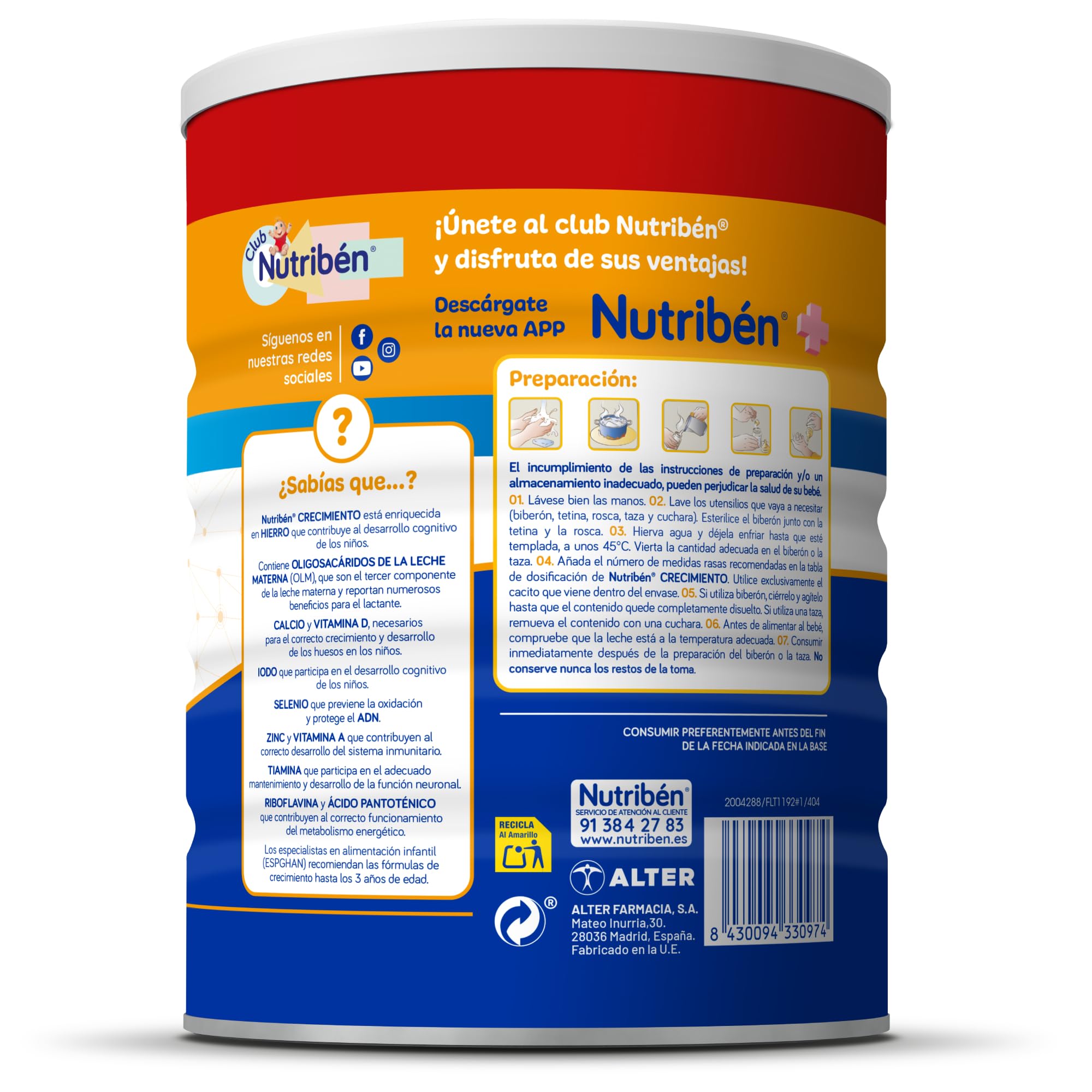 Nutribén Crecimiento Pro+ 3 Leche en Polvo Fórmula Bebé 12 Meses 1 KG sin Aceite de Palma