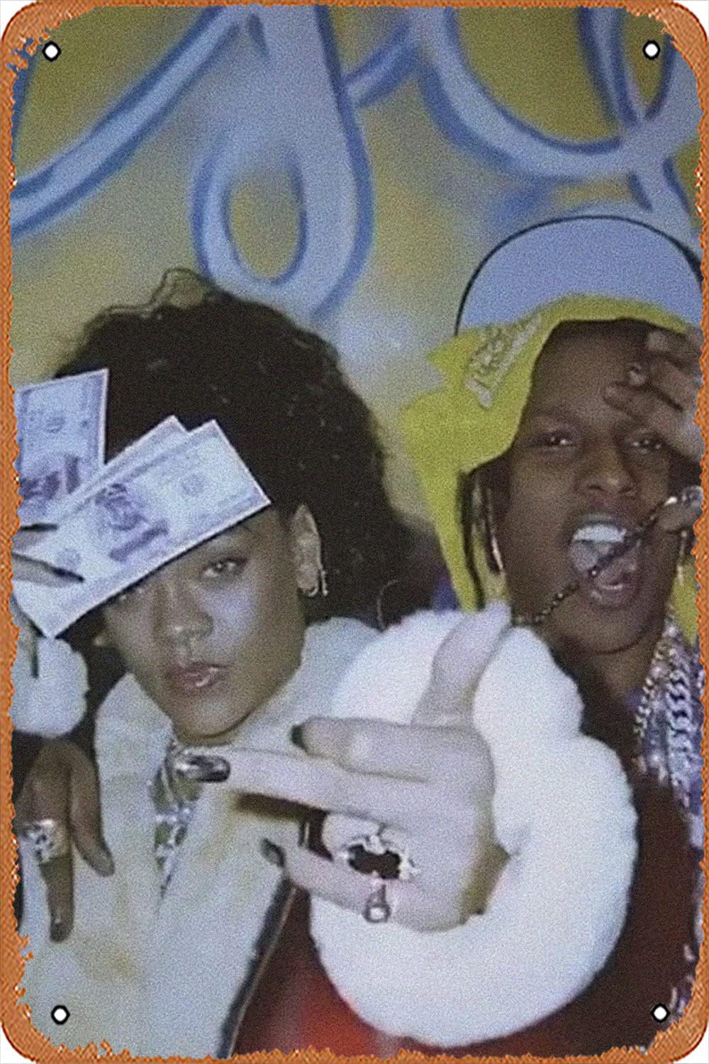AirBnk RIRI x A$AP Rocky Cash Poster Retro Metal Tin Sign Wall Decor Funny Vintage Tin Sign Art Wall Decor Plaque Poster for Music Cafe Bar Restaurant Supermarket Shop Film Best Gifts Idea 8x12 Inches