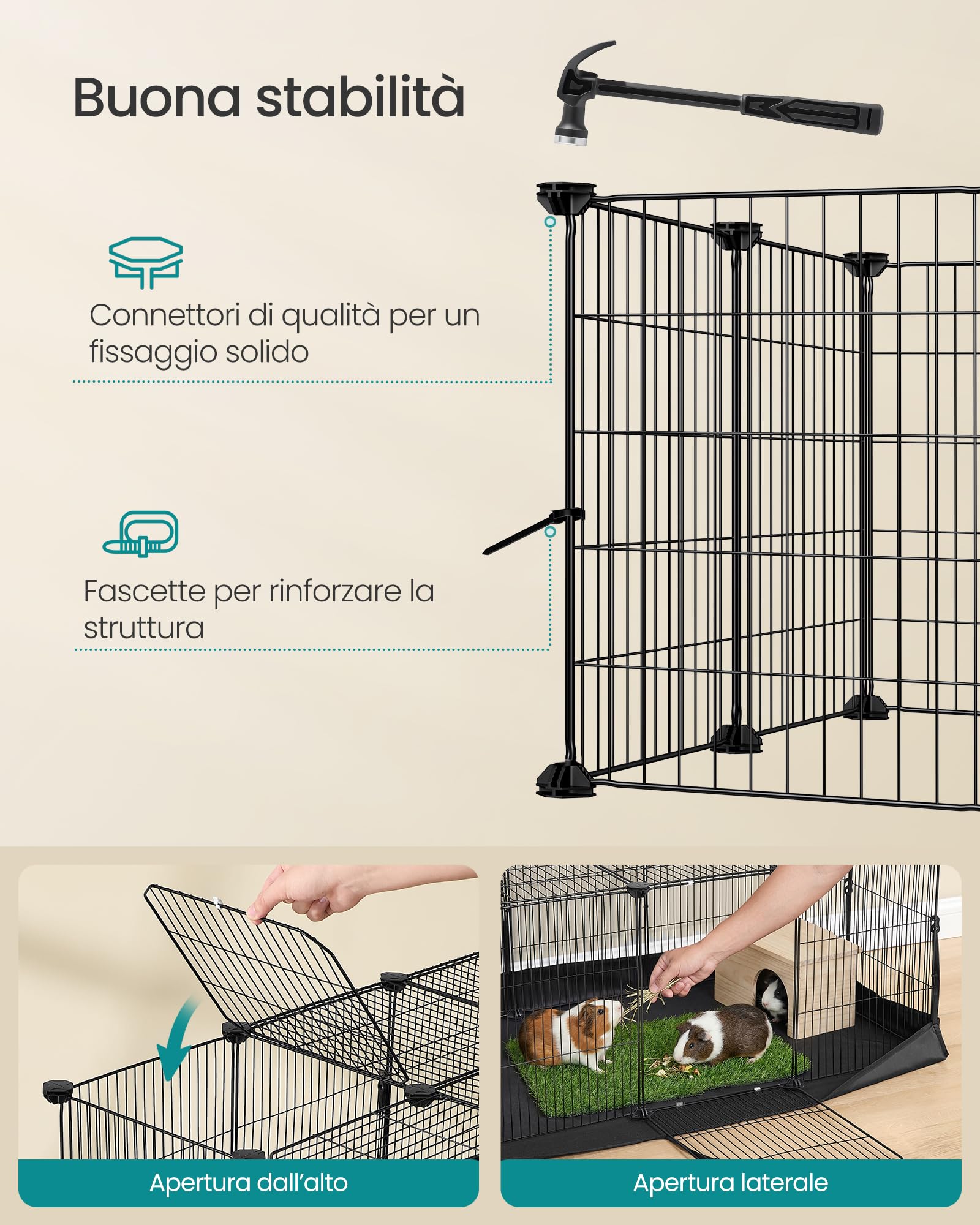 SONGMICS Recinto per Piccoli Animali, Parco Recinzione, Tappetino Impermeabile, Doppia Porta, per Conigli, Porcellini d’India, 20 Pannelli, 123 x 63 x 41,5 cm, Nero Inchiostro LPI012BH01