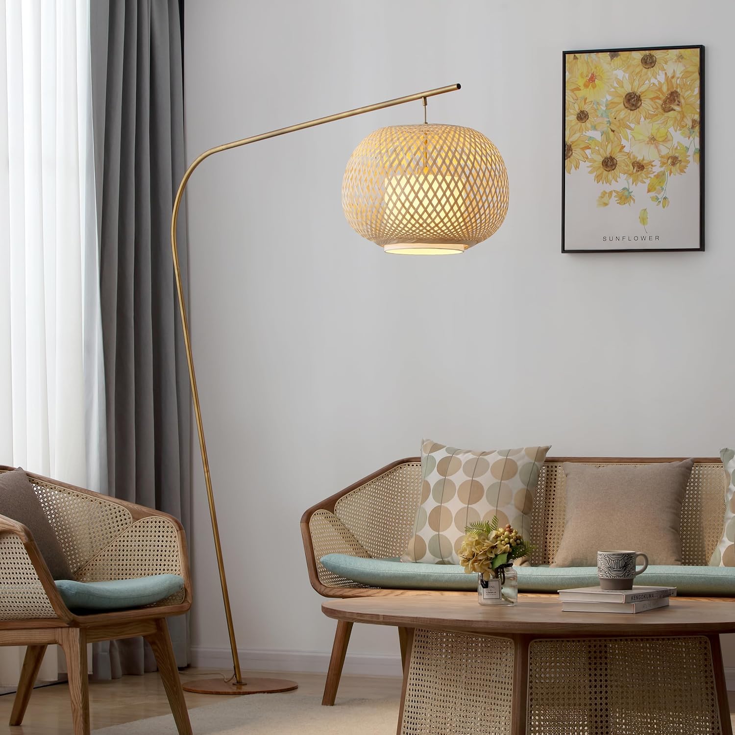 FOS - Modern Bohemian Chic Arch Floor Lamp with Woven Bamboo + Linen Shade - Brushed Brass Finish, Ambient Home Lighting in Living Room, Bedroom, Study, Nursery