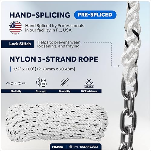 Miniatura 5 de Five Oceans Windlass Anchor Rode y cadena, cuerda de anclaje empalmada a mano y kit de cadena, cuerda de nailon de 3 hebras, cadena de acero
