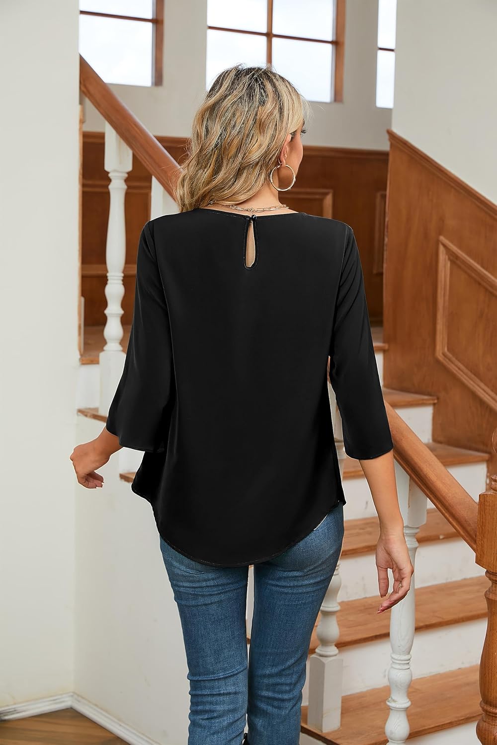 TASAMO Women Casual 3/4 Sleeve Scoop Neck Chiffon Blouse Spring Tops Office Wear - Image 2