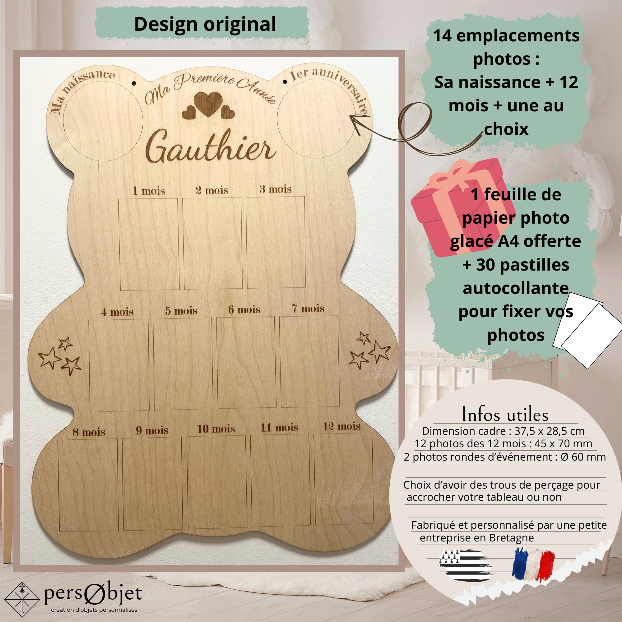 Cadre Photos Pêle-Mêle Ours en Bois Personnalisé - Souvenirs Première Année Bébé - Cadeau Naissance Baptême Décoration Chambre Enfant