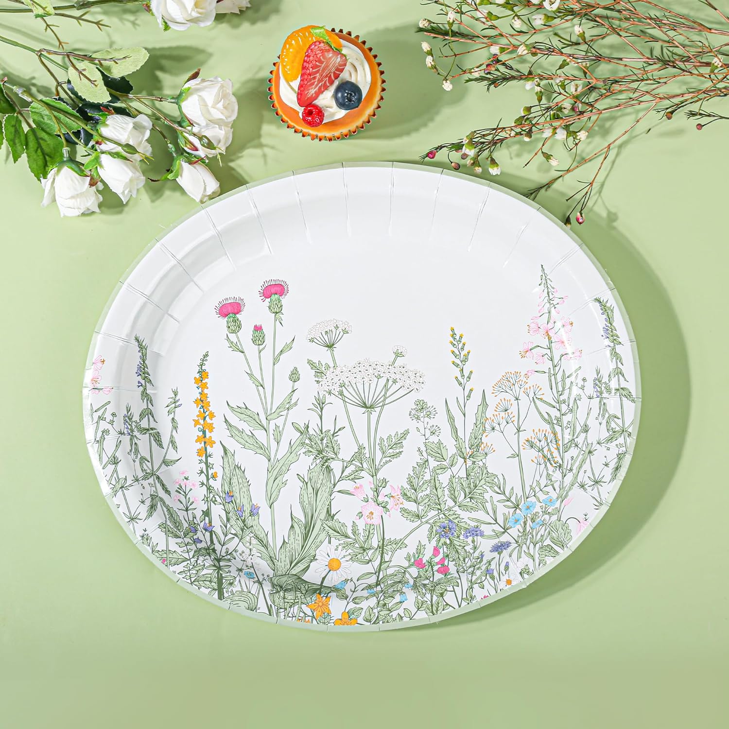 AimFun 50Pcs Wildflower Oval Paper Plates Spring Summer Floral Disposable Party Plates Vintage Garden Botanical Green Leaves Herbs 10" X 12" Dinner Serving Dish Platters