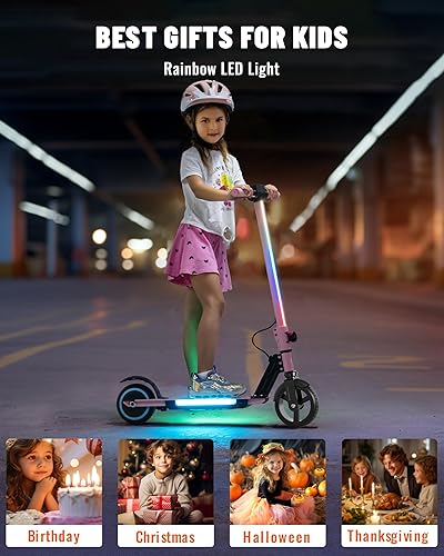Miniatura 4 de SIMATE Patinete eléctrico para niños, scooters eléctricos motorizados con luz delantera colorida y luces de pedal, pantalla LED y plegable, sistema