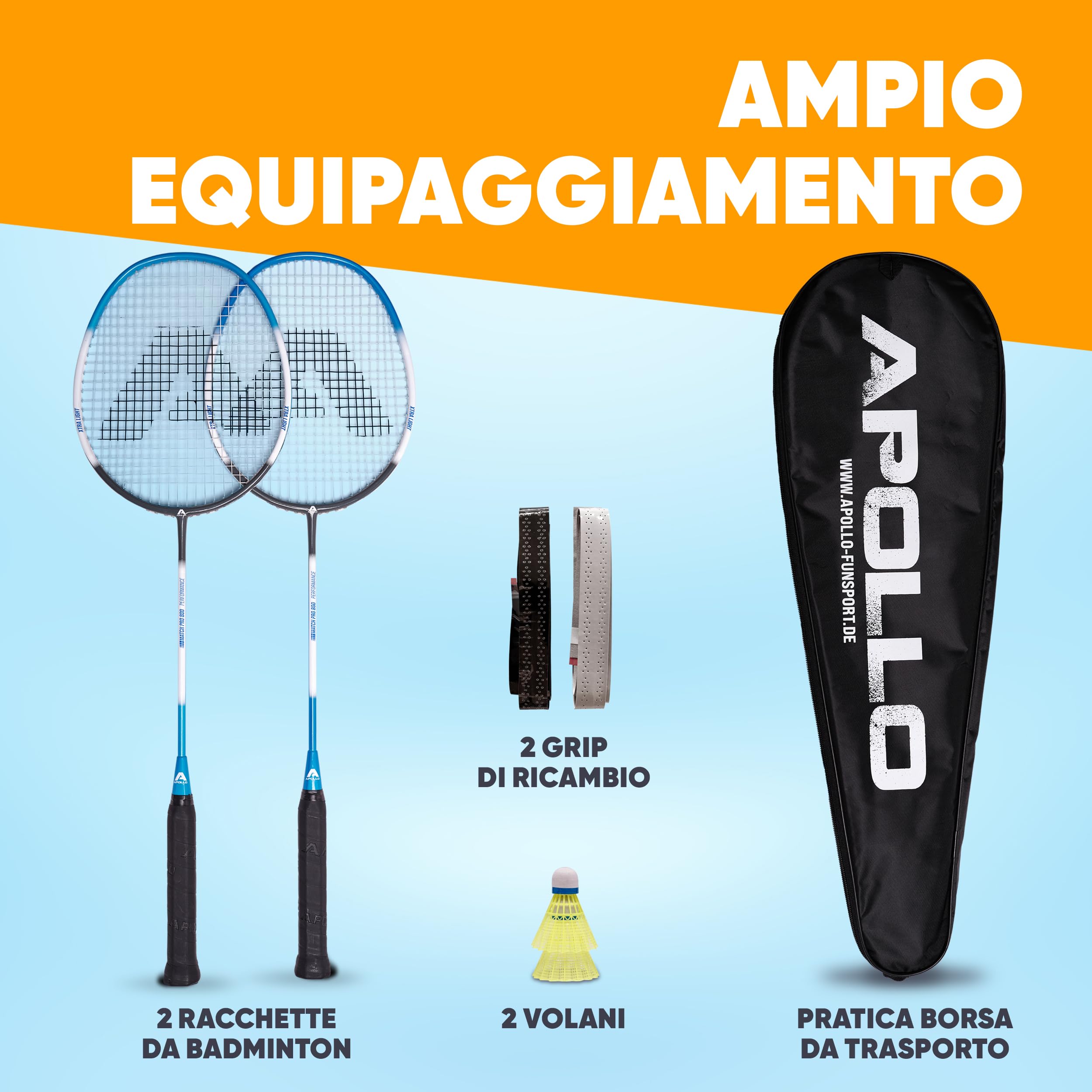 Apollo Set da Badminton Professionale | Racchetta in Carbonio per Allenamento, Sport e Intrattenimento | Con Borsa e Volano per Bambini