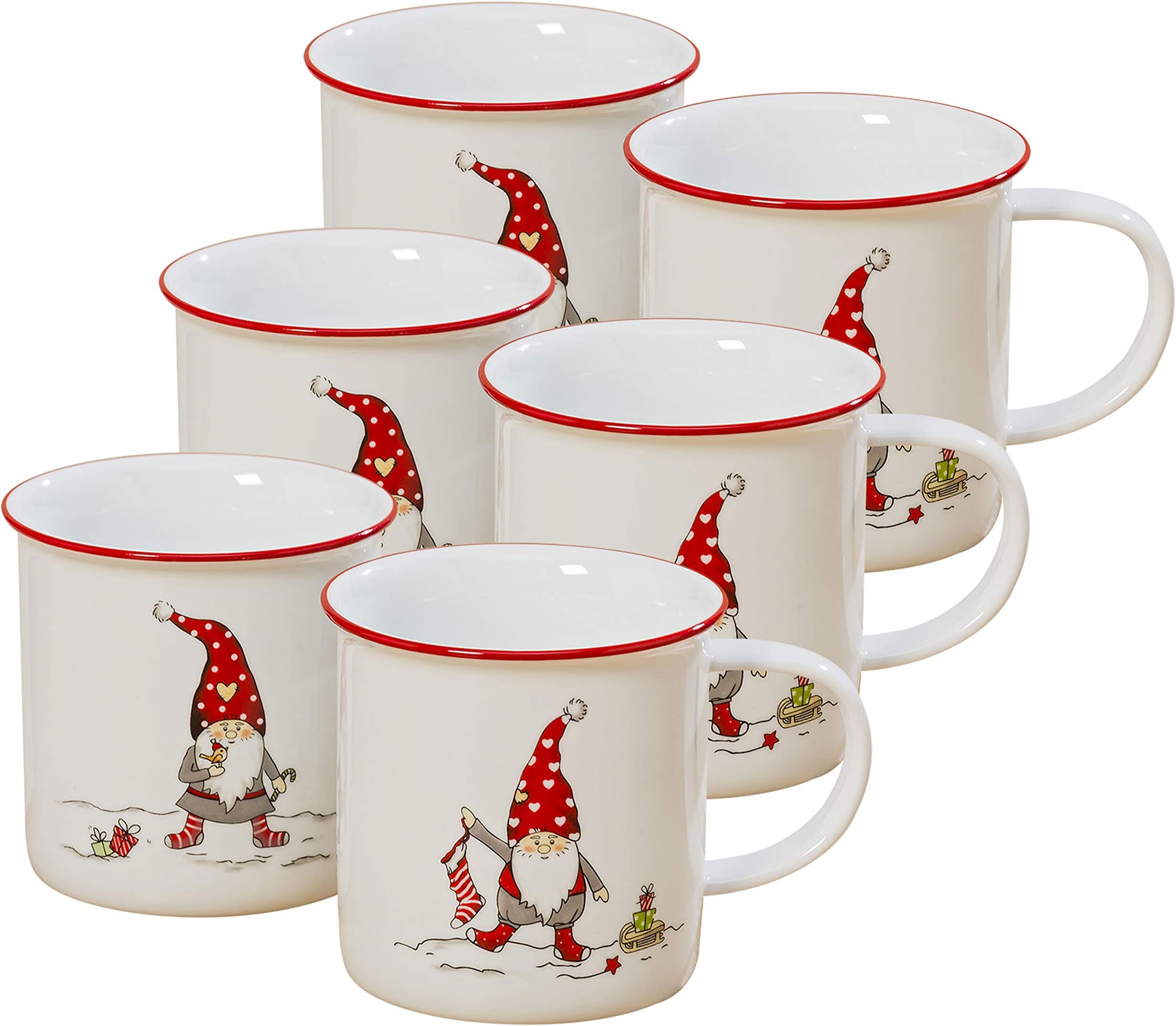 Whole House Worlds The Christmas Gnome Mugs, Set of 6, Porcelain, 13.5 Fluid Ounces (400 ml), White,with Red Rims, Food Safe, 3 1/2 Inches Diameter x 3 1/2 Inches Tall, Santa Characters, by WHW