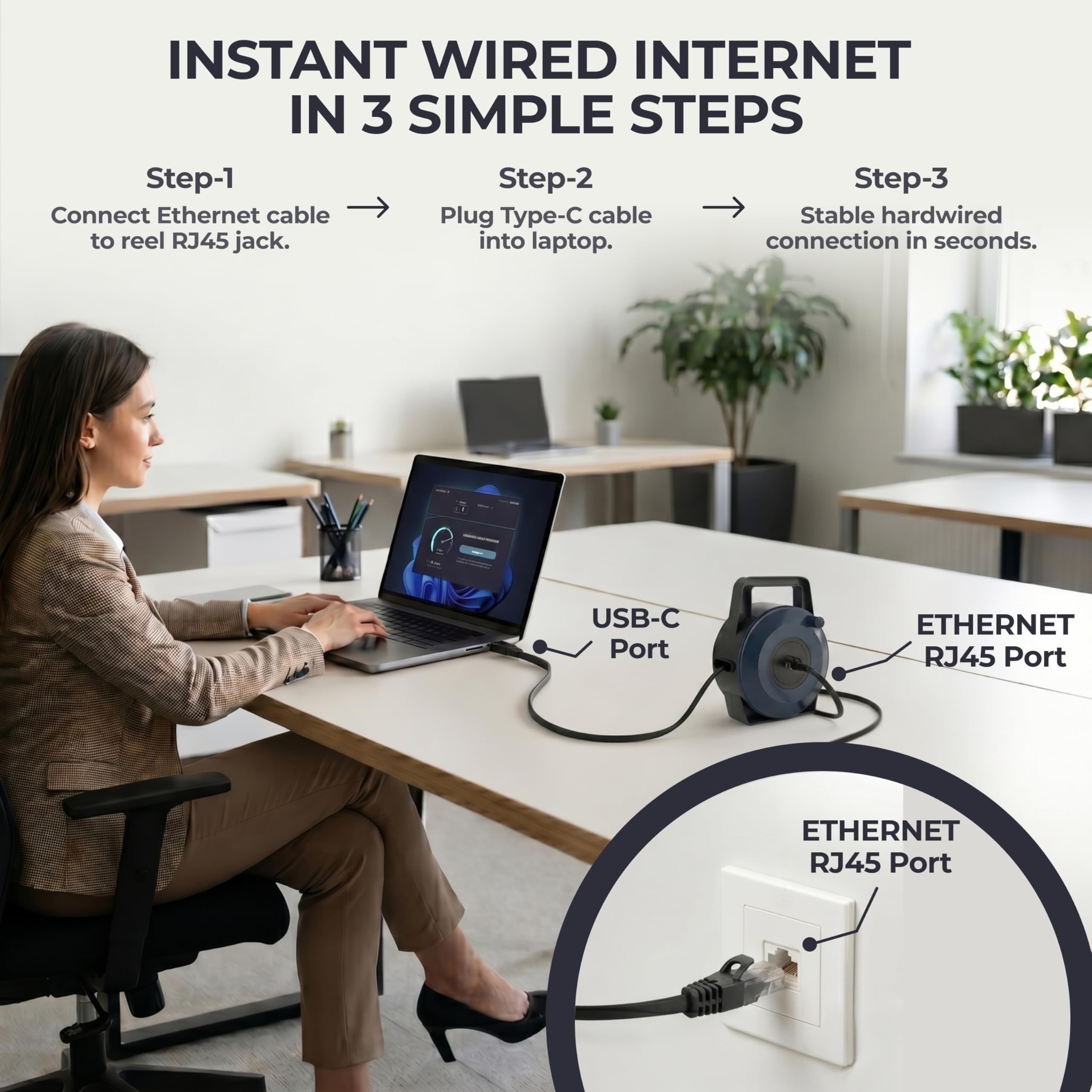 Kołowrotek kabla USB-C (typ C) na Ethernet, 15 m CAT6 Tough-Flat™, do 1 Gb/s, Plug & Play, bezpieczny dla ciężarówek, chowany kabel do tymczasowej konfiguracji
