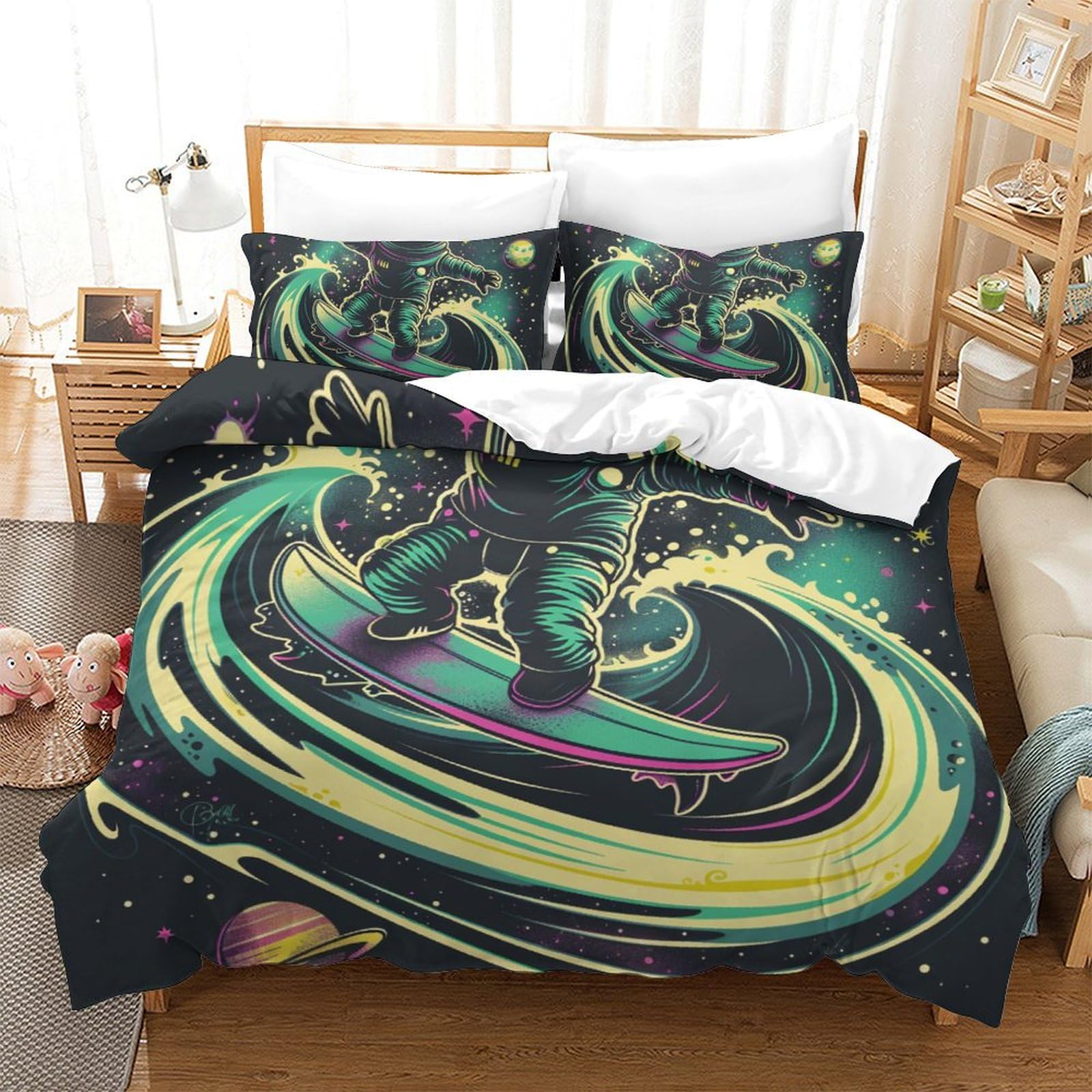 Housse de couette astronaute anti-froissage en microfibre douce avec zips de lit