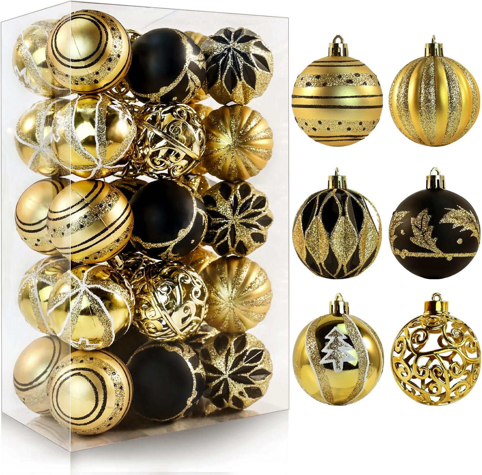 Black and Gold Christmas Balls Ornaments, 30pcs 2.36 Inch Shatterproof Gold and Black Christmas Ornaments for Christmas Trees Decorations, Hanging Tree Ornaments for Christmas