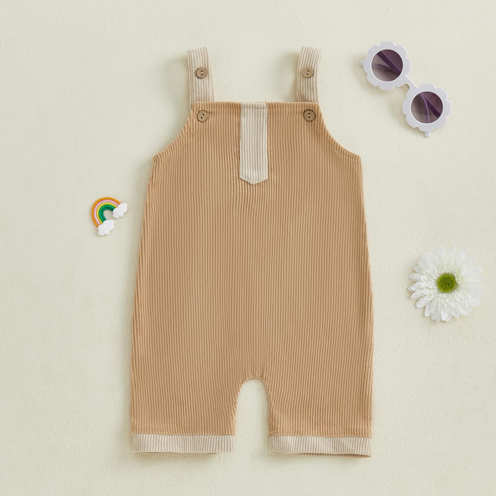 Dcohmch Toddler Boy Summer Overalls Shorts Contrast Color Ribbed Sleeveless Suspender Romper (Khaki, 18-24 Months)
