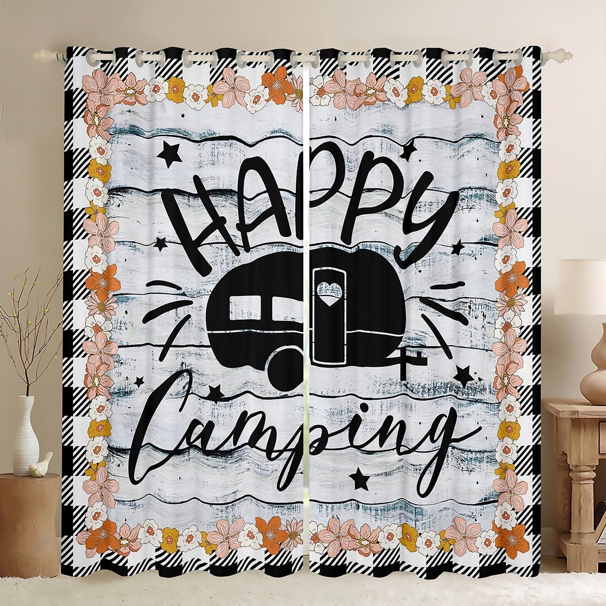Camper Curtains for Bedroom Living Room Kids Buffalo Check 30%-50% Blackout Curtains Happy Camping Window Drapes Floral Flower Window Treatments Cartoon Camping Car W46*L72 โ image 1