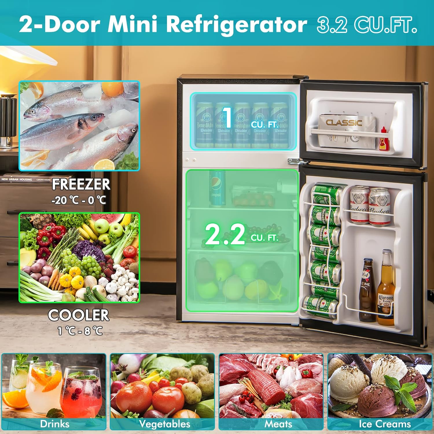KOTEK Mini Fridge with Freezer, 3.2 Cu.Ft Compact Refrigerator/Freezer with 5 Level Adjustable Thermostat, Reversible 2 Doors & Removable Glass Shelves, Mini Fridge for Bedroom/Dorm/Office (Silver)