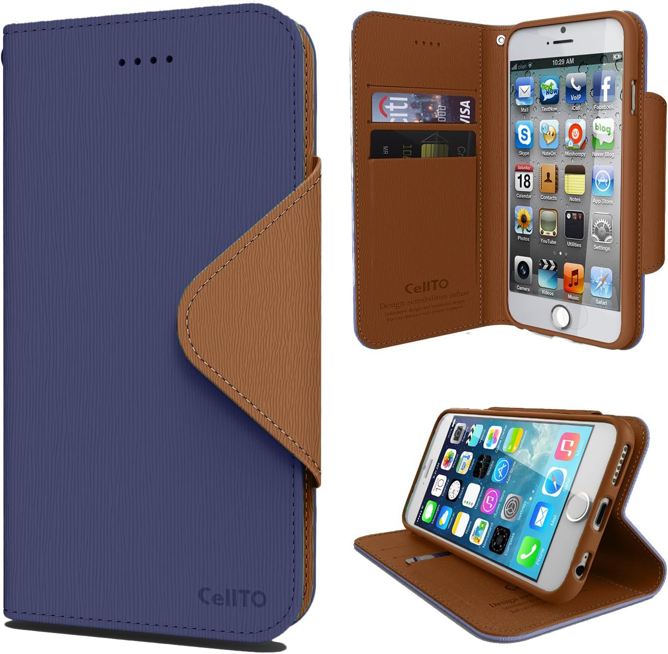 iPhone 6S Plus Case, Cellto PU Leather Wallet Cover Stand and Reversible Magnetic Flap Flip Cover for iPhone 6 Plus (2014) / 6S Plus (2015) - Navy Blue/Brown