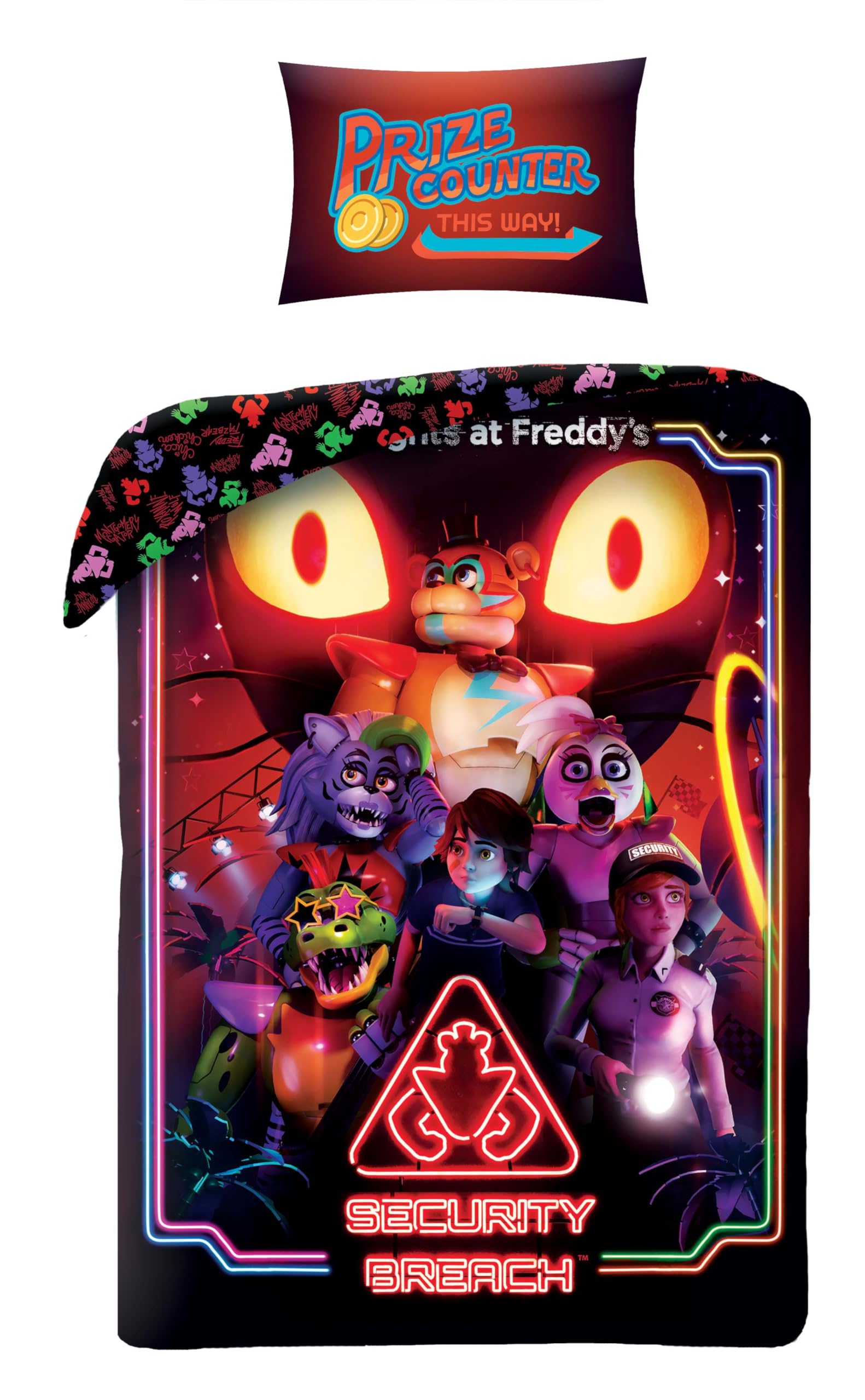 Halantex Boys Black Multicolour Five Nights At Freddy’s Single Duvet Cover Set – Reversible Fnaf Bedding (Official) – Kids & Teens Gamer Bed Set With Pillowcase – Ultra-Soft Microfibre – Security Breach Design