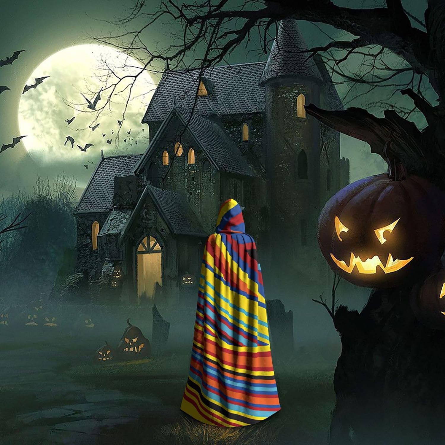 SSIMOO Colorful Stripes Enchanting Adult Hooded Cape for Halloween and Party Costumes-Fashionable Women's Robes,Capes