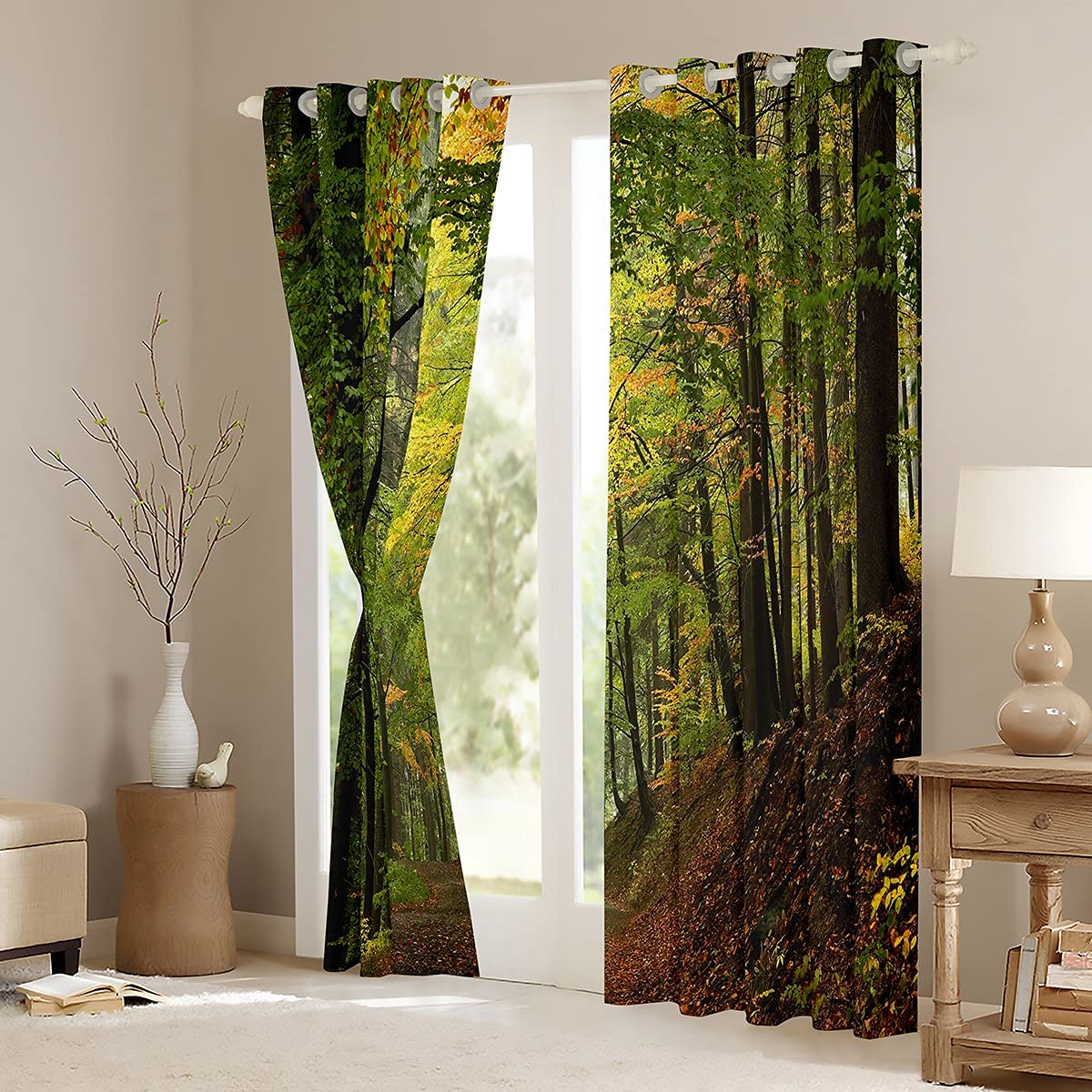 Loussiesd Forest Curtains Autumn Forest Window Drapes for Teens Kids Men Trees Foggy Print Window Treatments Woodland Scene Window Curtain Room Decor W46*L72 - Image 4
