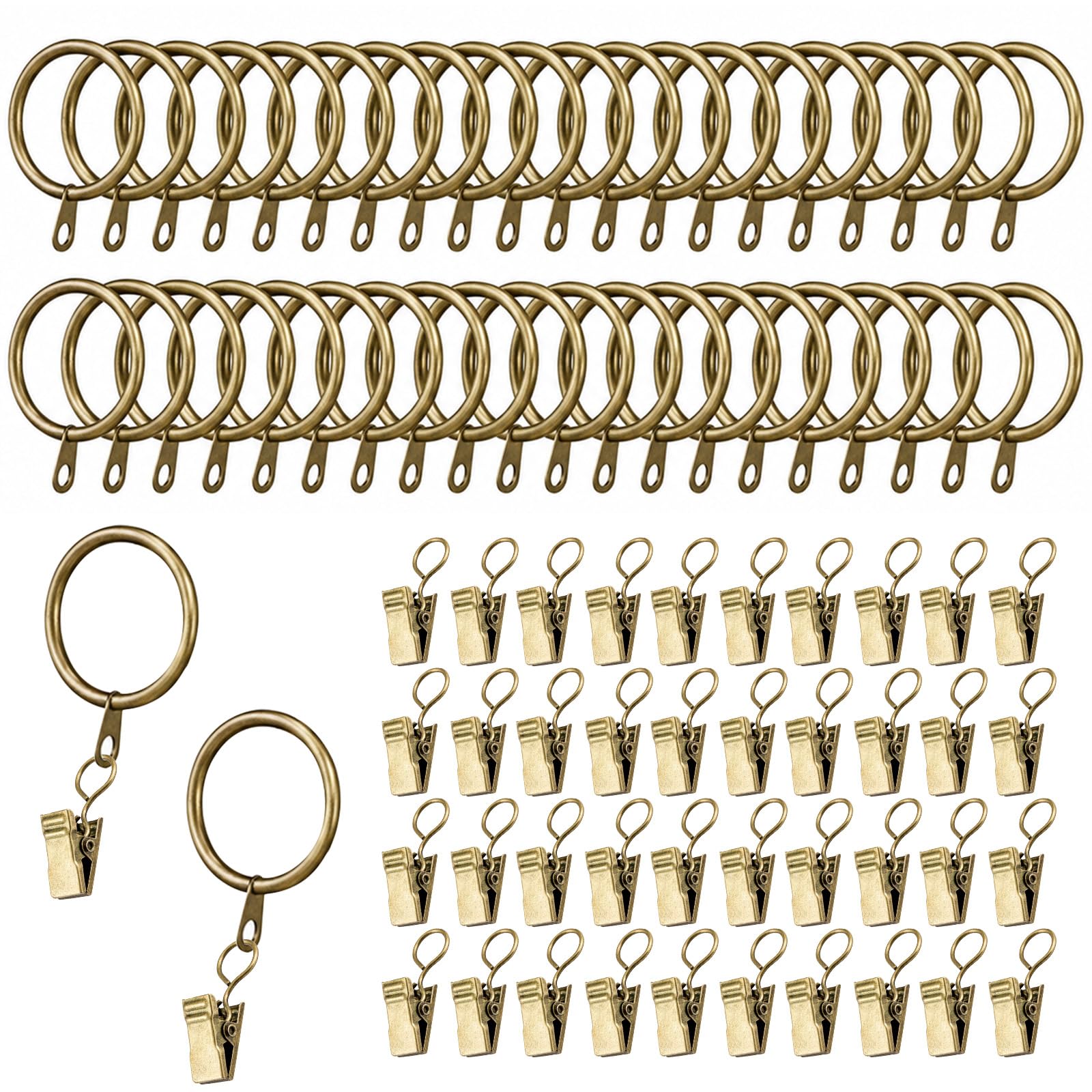 40 Curtain Rings with Clips, 38 mm Metal Pole Rings, Brass Colour