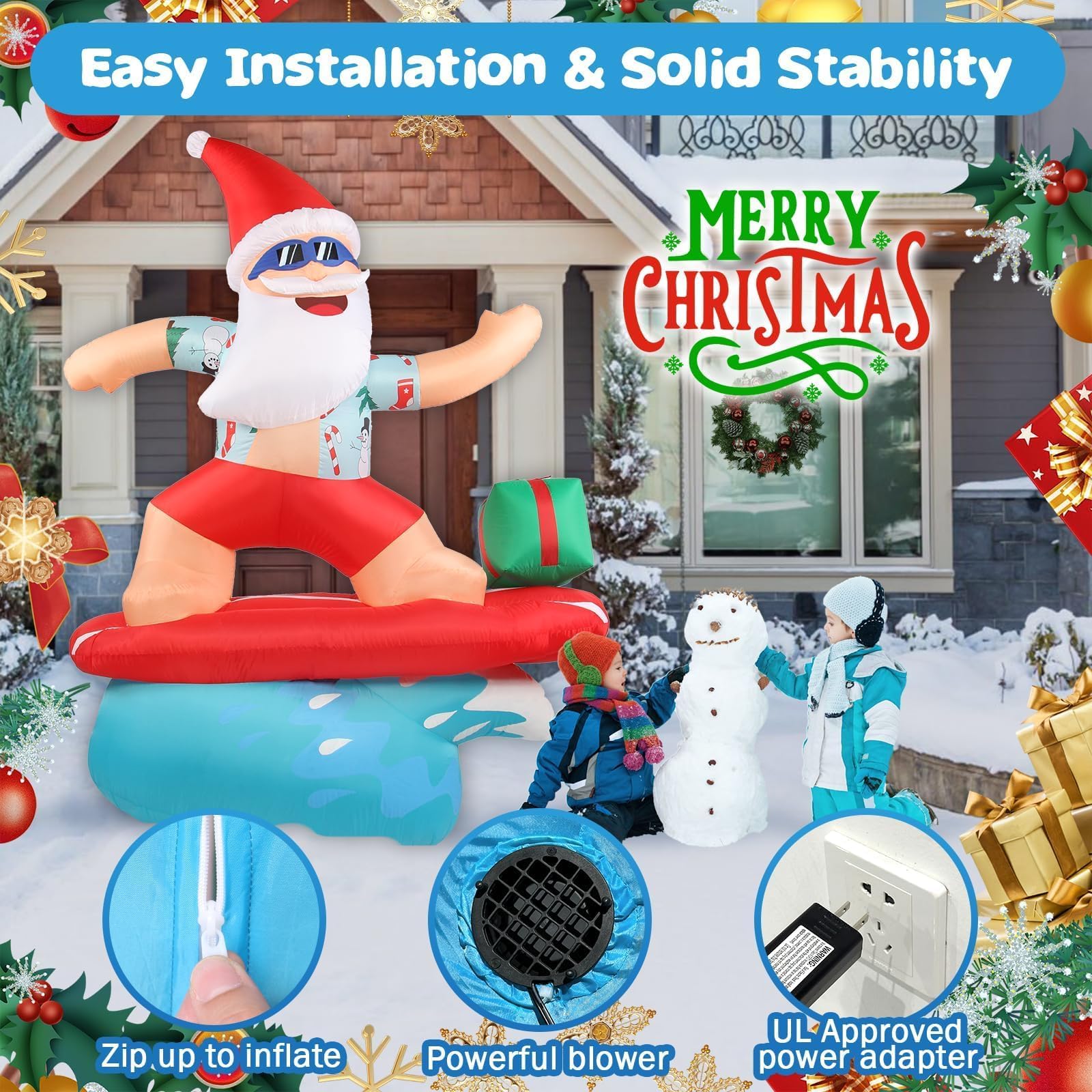 Decorazioni natalizie gonfiabili di Babbo Natale, per esterni, 2,5 m, hawaiano, surf, gigante, grande, alto, divertente, decorazione natalizia per cortile, decorazione per interni ed esterni