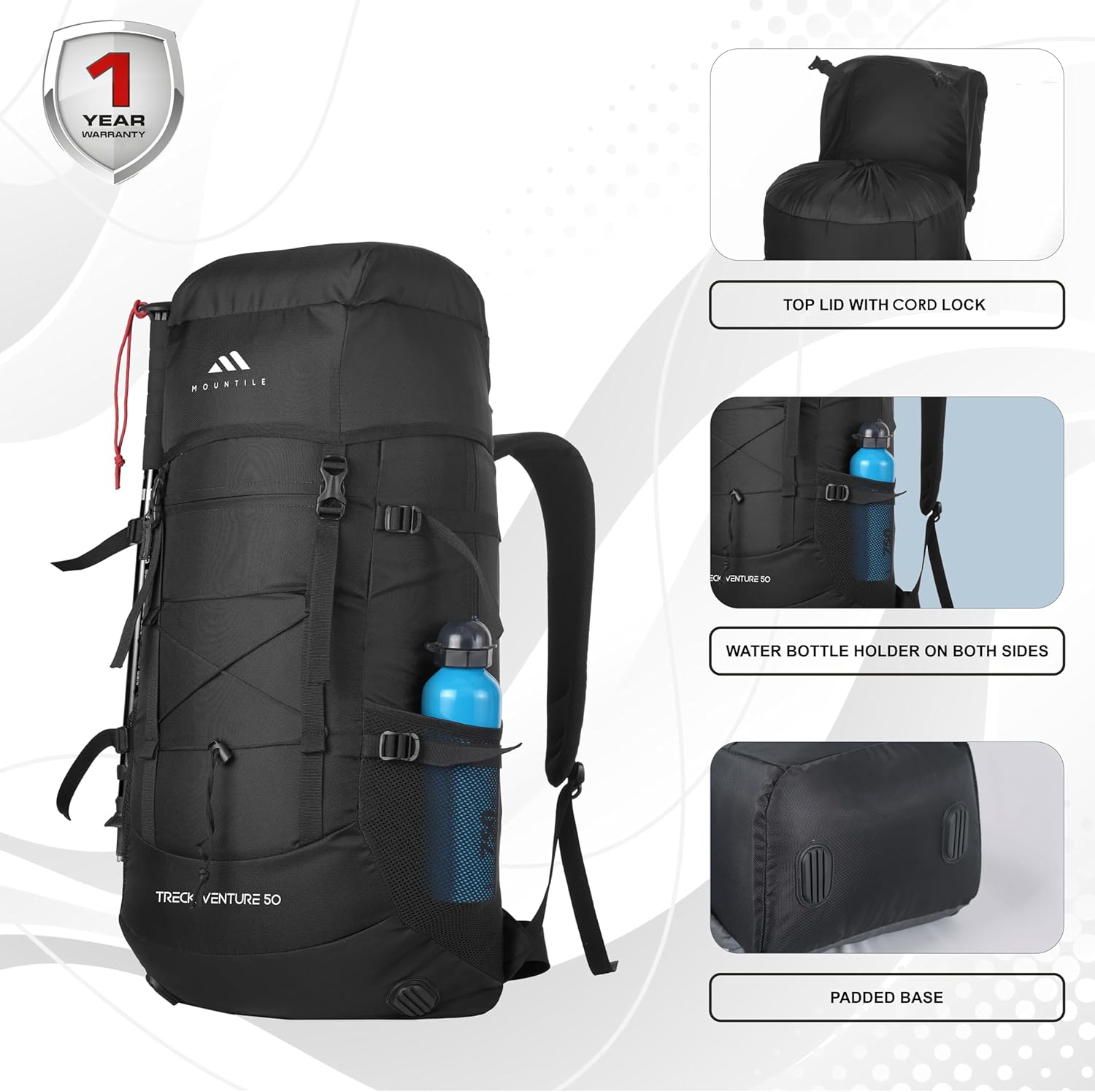50L Travel Backpack for Hiking Trekking Camping, Rucksack with Rain Cover and Laptop Compartment - MTL03, BLACK, XL, Modern
