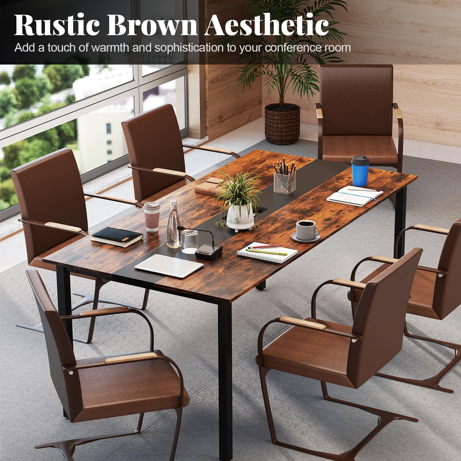 GIANTEX Konferenztisch, 180 x 90 cm Bürotisch mit Kabelloch, Metallbeinen, extra Langer Computertisch für Sitzungszimmer, Besprechungsraum, rustikales Braun, für 8-10 Personen