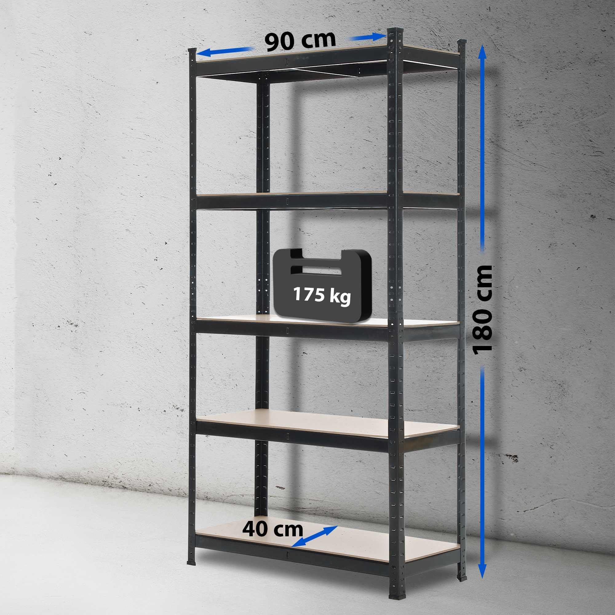CLP Estantería Metálica de Almacenaje Galvanizada I Estantería Capacidad Máx. de Carga 875 kg I Estantería de 5 Estantes I Bastidor de Almacena, Color:Negro, Tamaño:90x40x180 cm — view 3