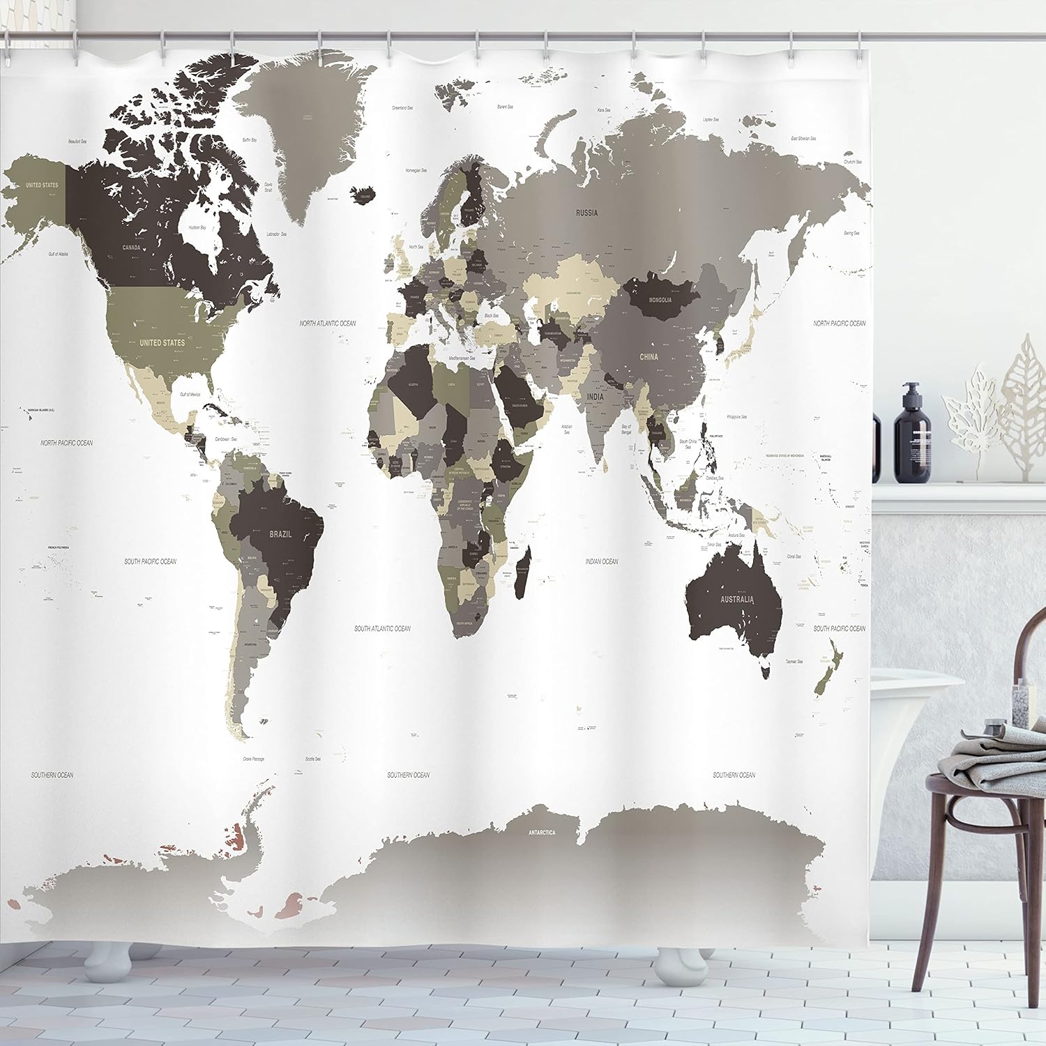 Ambesonne Earth Shower Curtain, Detailed World Map with All Countries Major Capital Cities Universe Continents, Cloth Fabric Bathroom Decor Set with Hooks, 69" W x 70" L, Dark Sepia