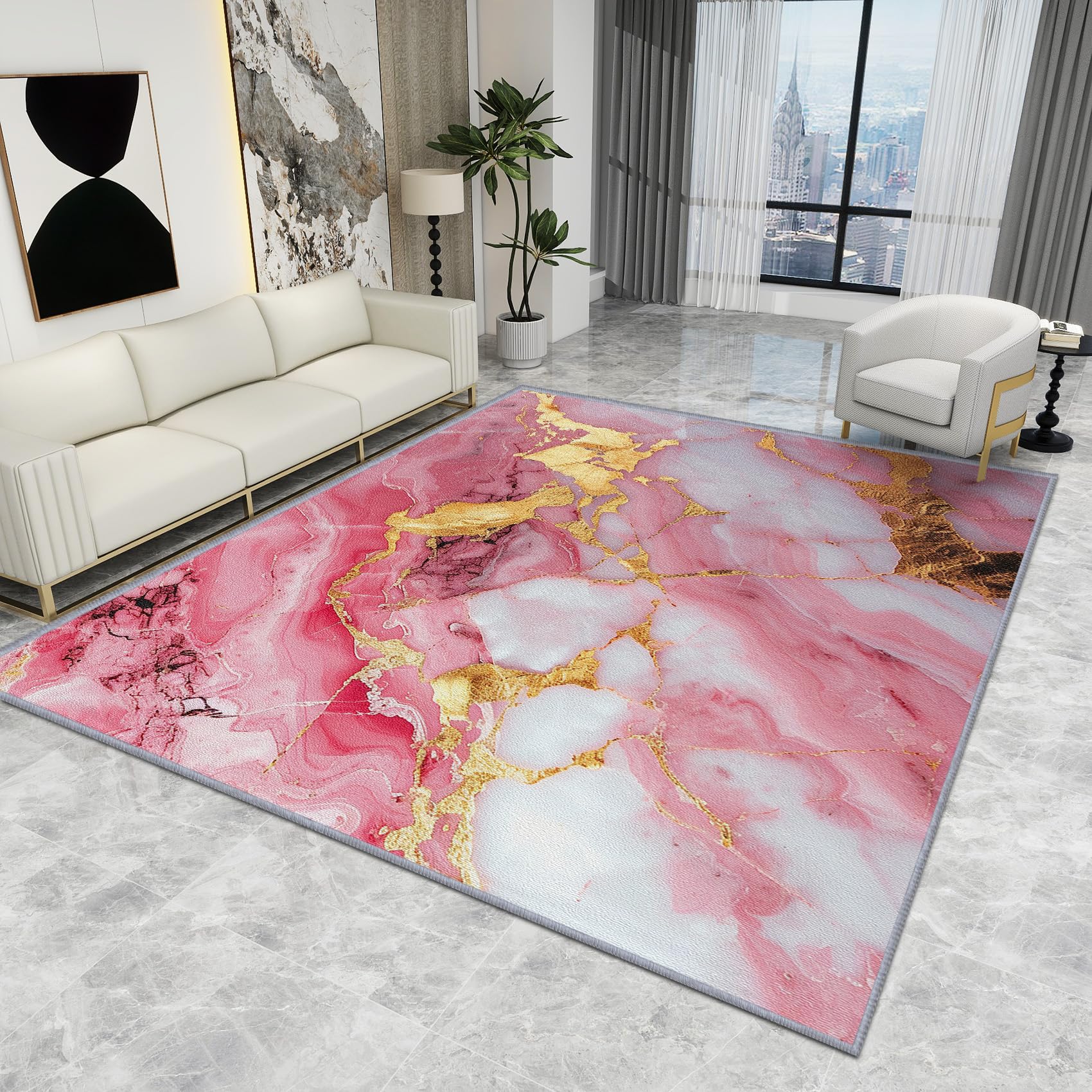 Marble Rugs Gold - Marble Rug - Pink Gold White Rugs, Abstract Luxury Modern Carpet, Washable Rug Non Slip Low Pile Soft Small Area Rugs, Marble Home Decor Gifts, 80 X 120 cm