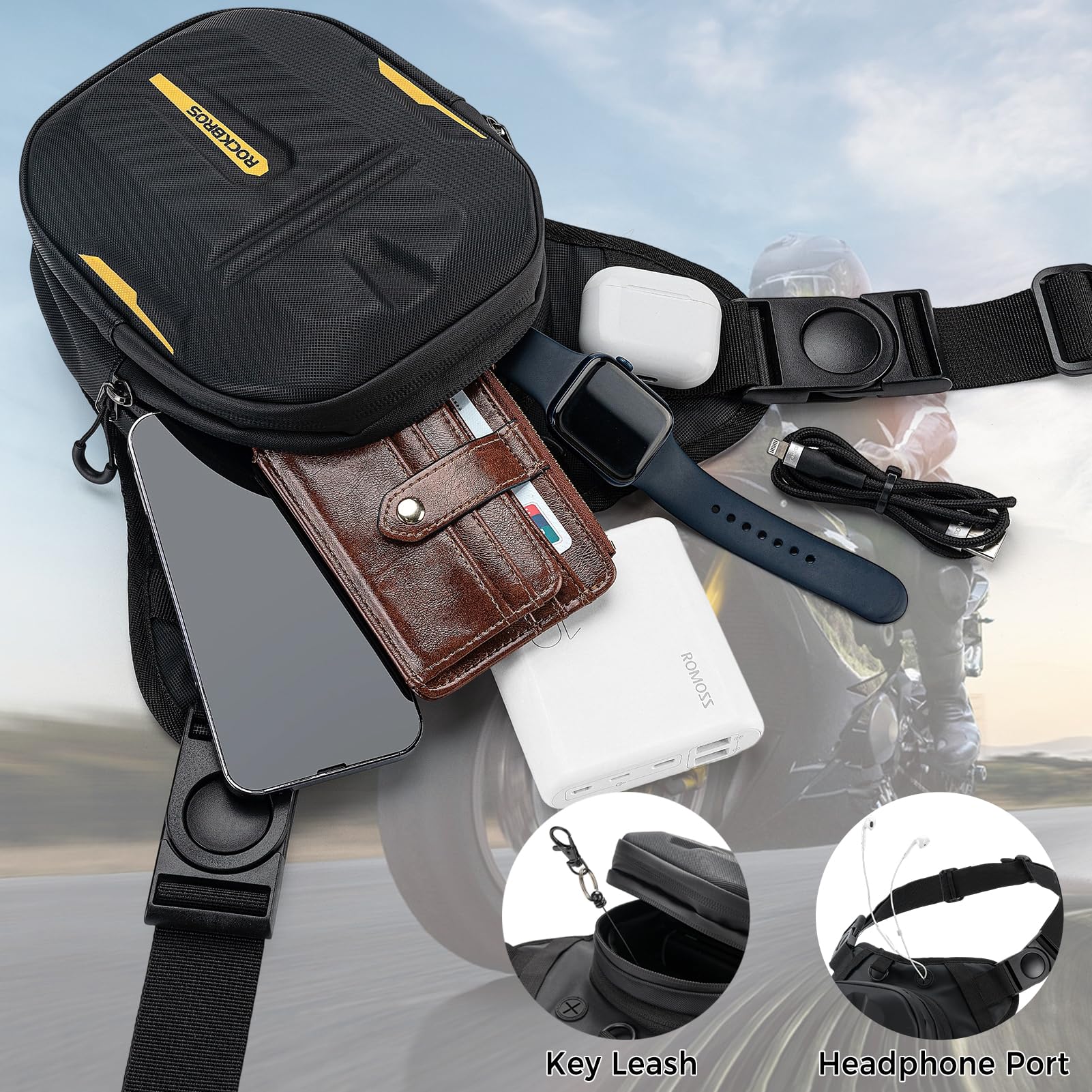 ROCKBROS Borsa Serbatoio per Moto, Marsupio da Gamba per Moto, Fissaggio Magnetico, con Cinghie Regolabili e Rimovibili, Guscio Rigido, Spazio di Stivaggio Espandibile per Motocicletta