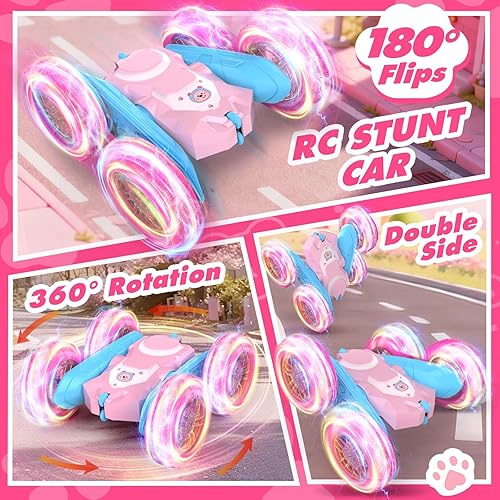 Miniatura 5 de NQD Coche de control remoto para niñas, autos RC rosados de doble cara 360 con luces intermitentes de rueda 2 baterías, 2.4 GHz recargable RC Stunt
