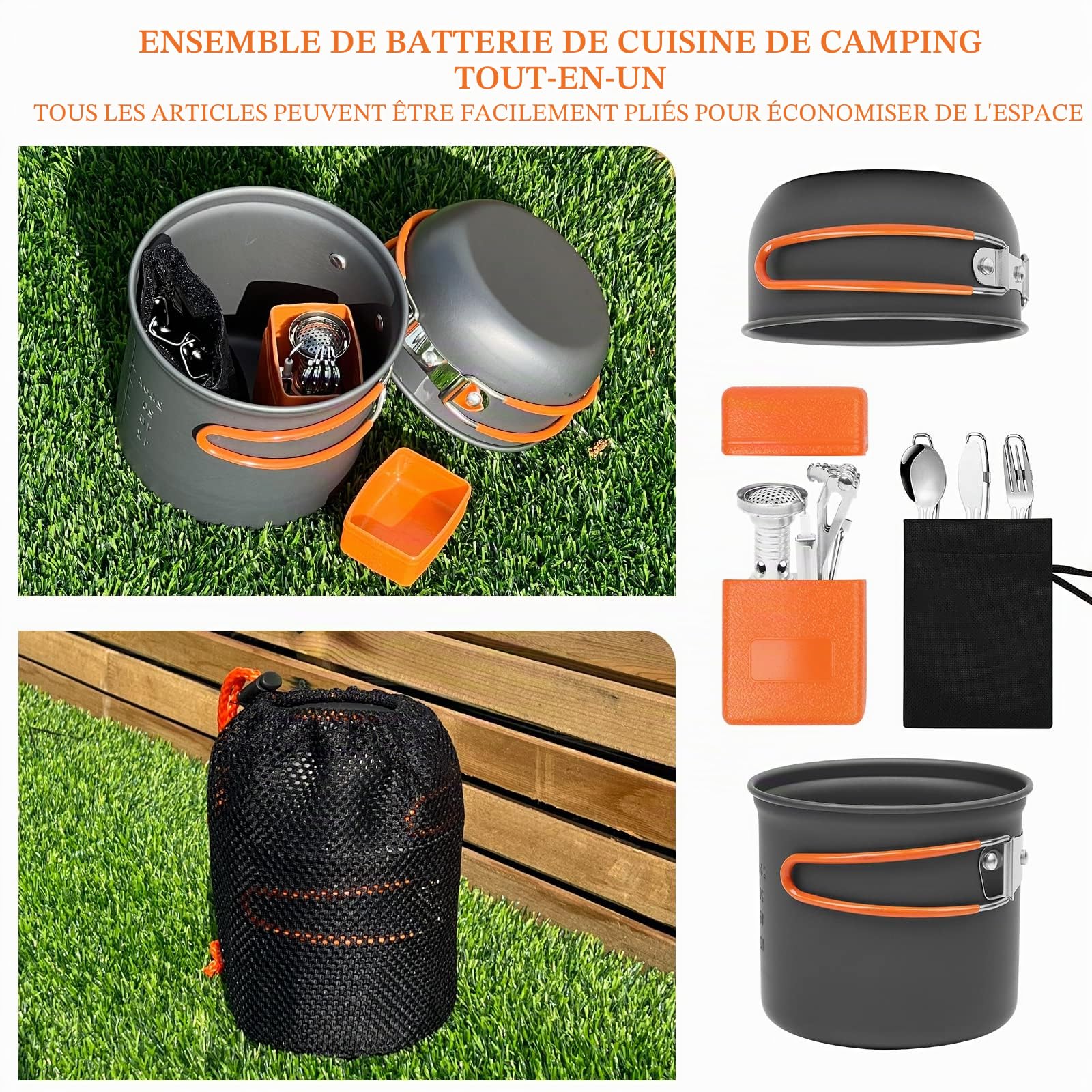 Casserole Camping Kit, Durable Popote Bivouac en Alliage D'alu, Cuisine de Camping Légère avec Mini Réchaud de Camping, Bouilloire, Vaisselle pour 1-2 Personnes Camping, Randonnée, Pêche
