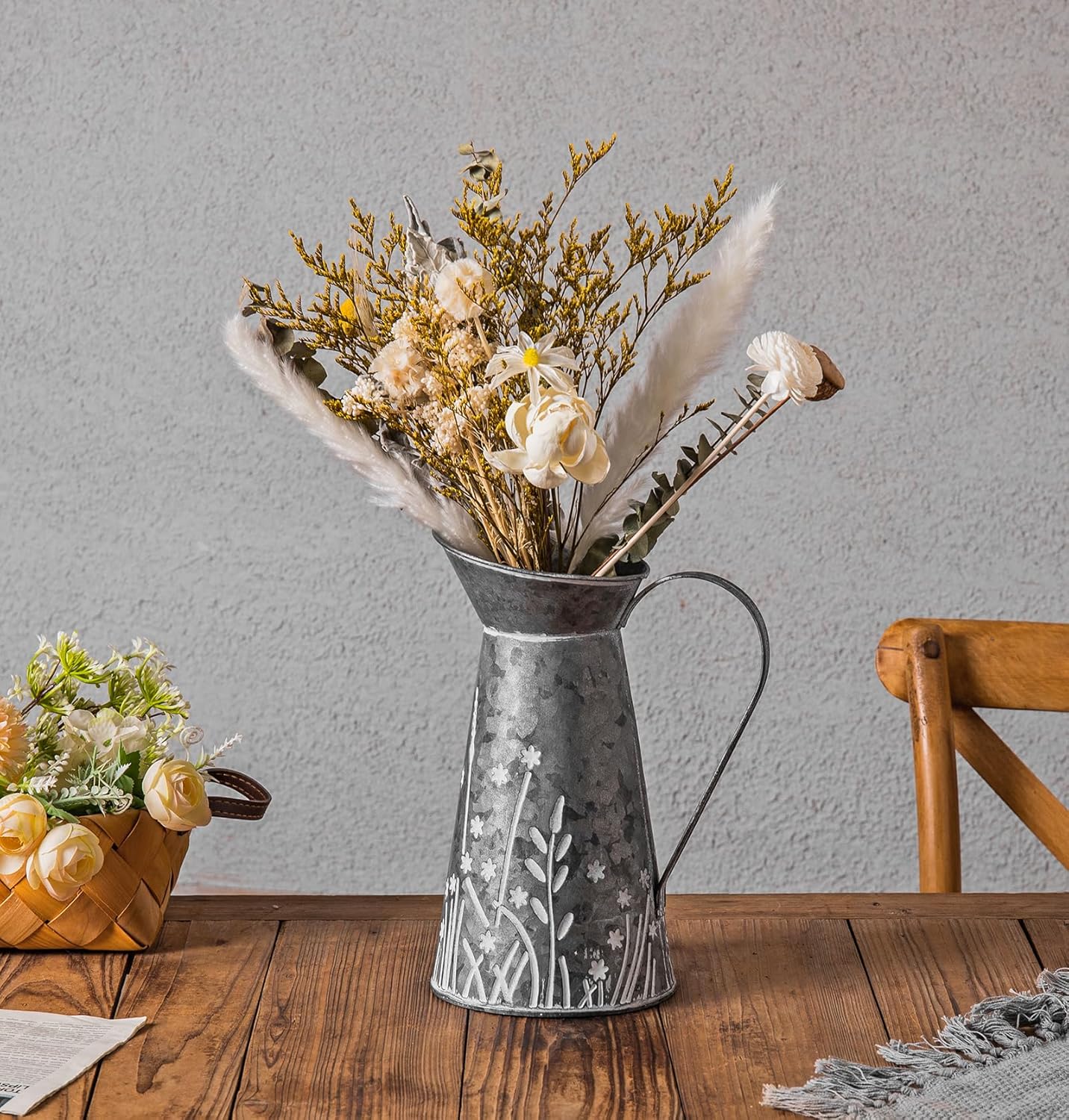 Vintage Galvanized Metal Pitcher Vase, Farmhouse Rustic Flower Vase with Handle, Decorative Floral Milk Jug Vase for Home Décor, 10.8’’H - Image 7