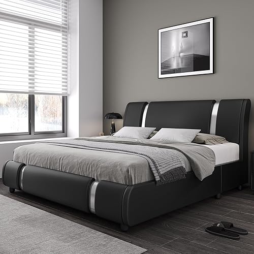 Miniatura 7 de 1Moderno armazón de cama tapizado de piel sintética con espejo de decoración de metal cabecero curvado soporte de listones de madera no necesita