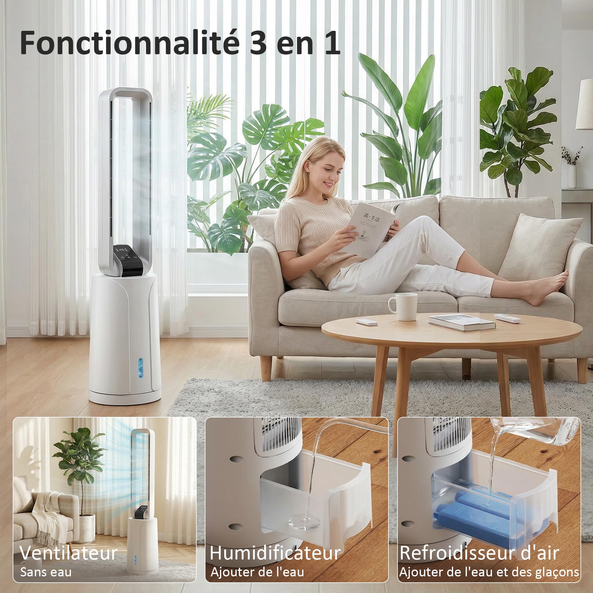 HOMCOM Refroidisseur d'air par évaporation portable 3 en 1 humidificateur et ventilateur, 2 blocs réfrigérants, réservoir d'eau de 1,7 L, minuterie 15 h, oscillation à 70°, télécommande, blanc