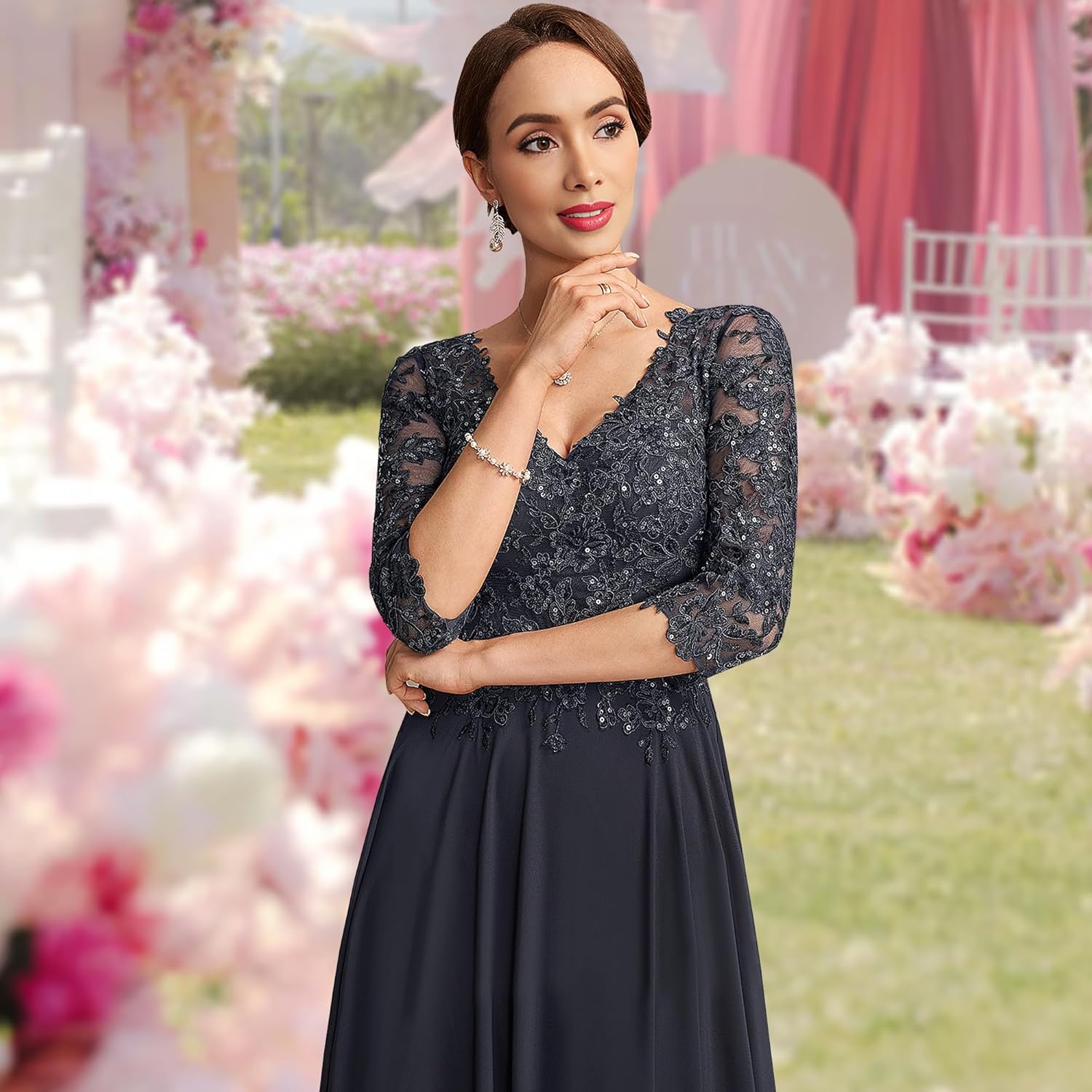 A line V Neck Floor Length Lace Chiffon Mother of The Bride Dress with Sequins Long Mother of The Groom Dresses
